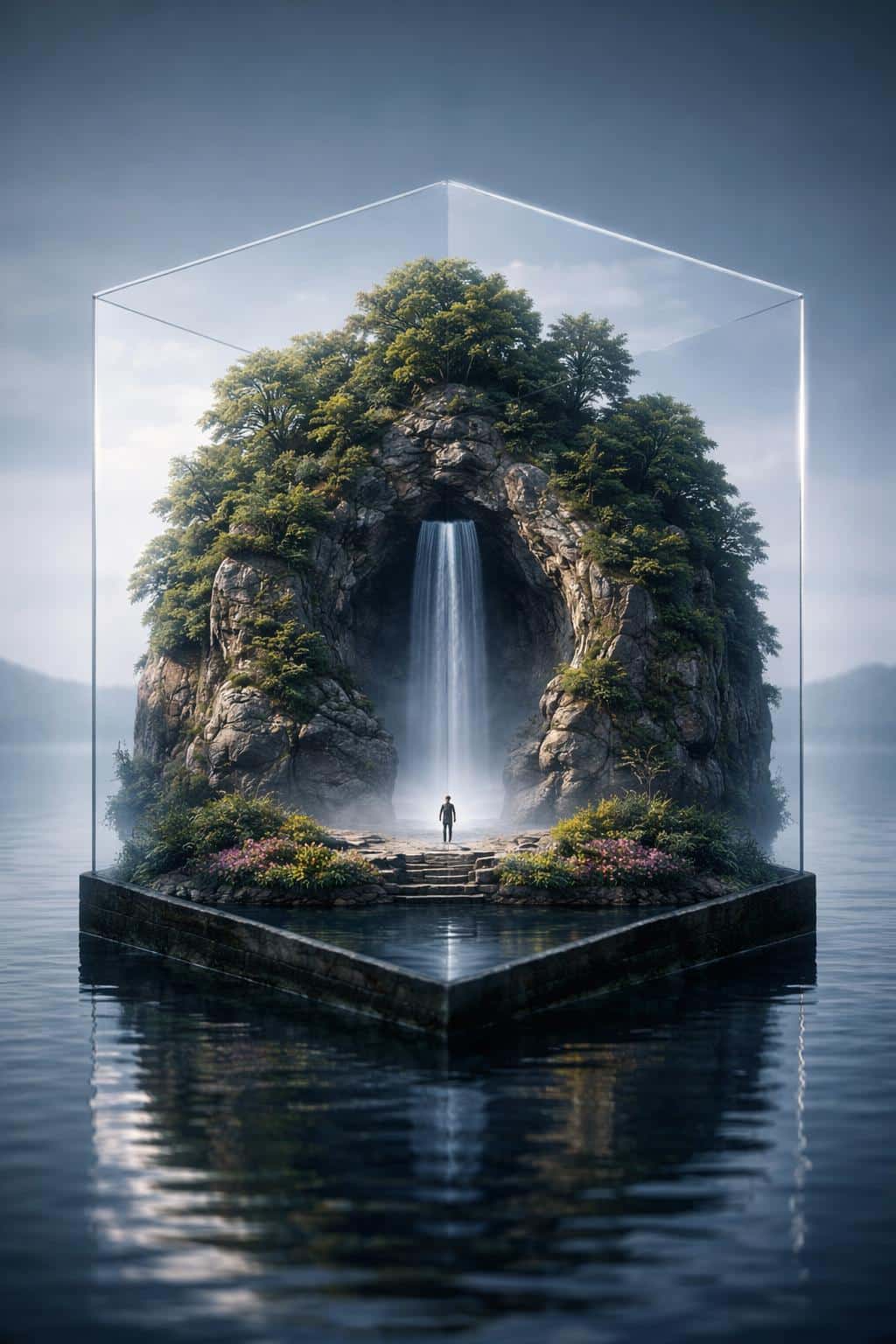 Photoreal 3D-render of a hexagonal floating-island diorama with waterfall and lone figure, composed for a 2:3 vertical poster crop.