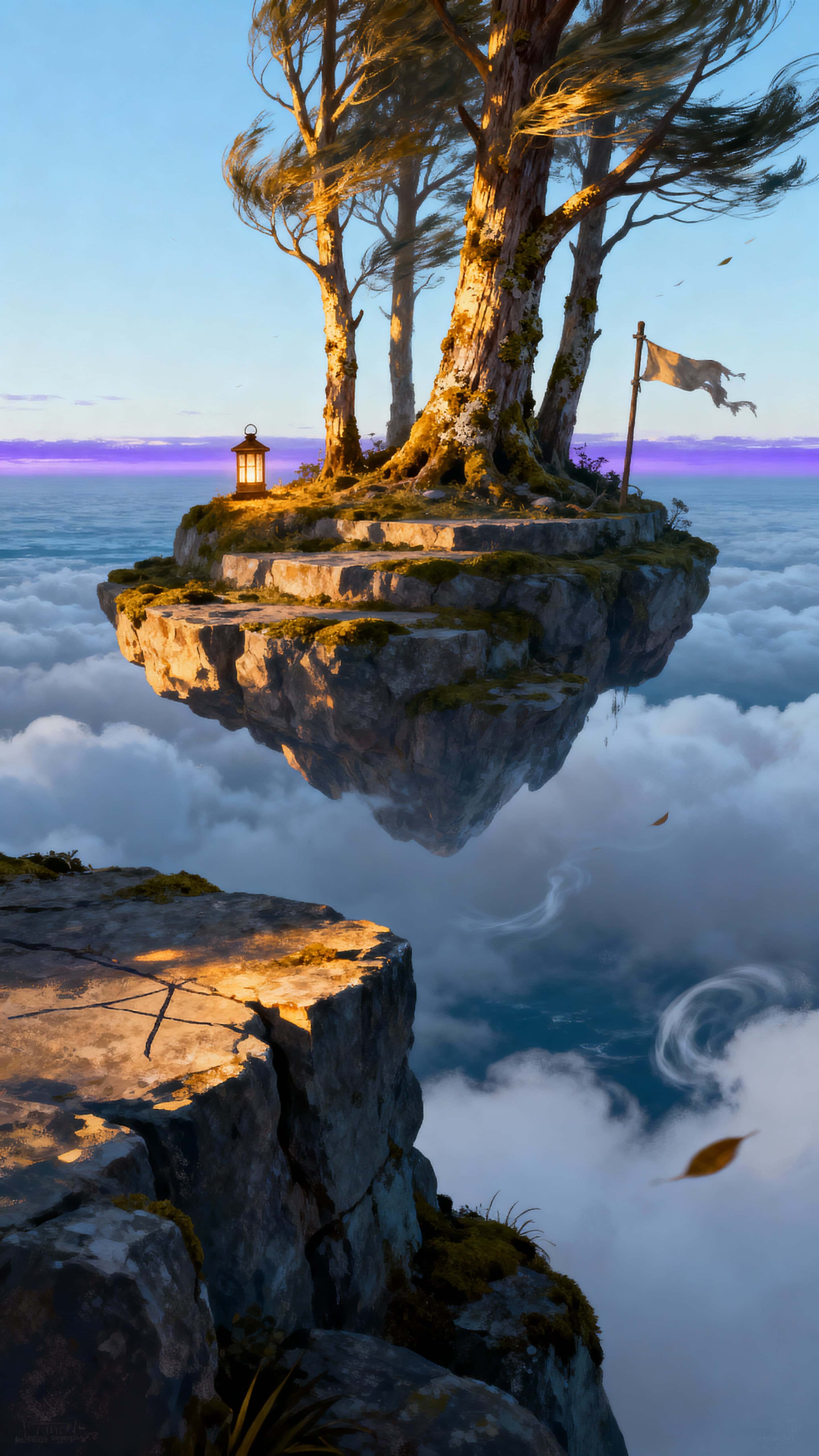 A solitary floating island with terraced rock, moss, wind‑swept trees, a lantern and tattered banner drifts above a cloud ocean in a painterly 9:16 portrait with warm gold highlights.