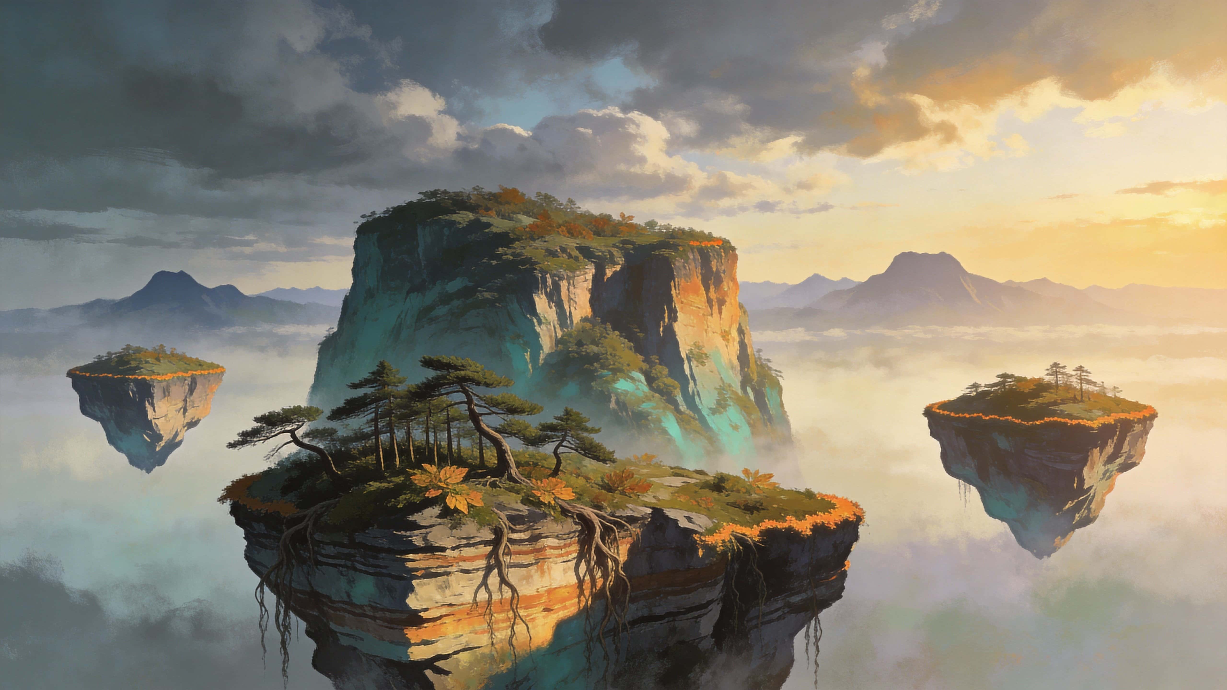 A surreal 16:9 digital painting of multiple floating islands drifting in mist and low clouds, detailed rock and foliage textures, dramatic rim lighting and deep atmospheric depth for wallpaper.