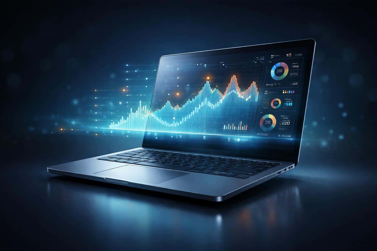 Floating laptop product photograph showing a holographic analytics HUD and glowing particles, composed for a 3:2 poster-cover with dramatic rim lighting and deep shadows.