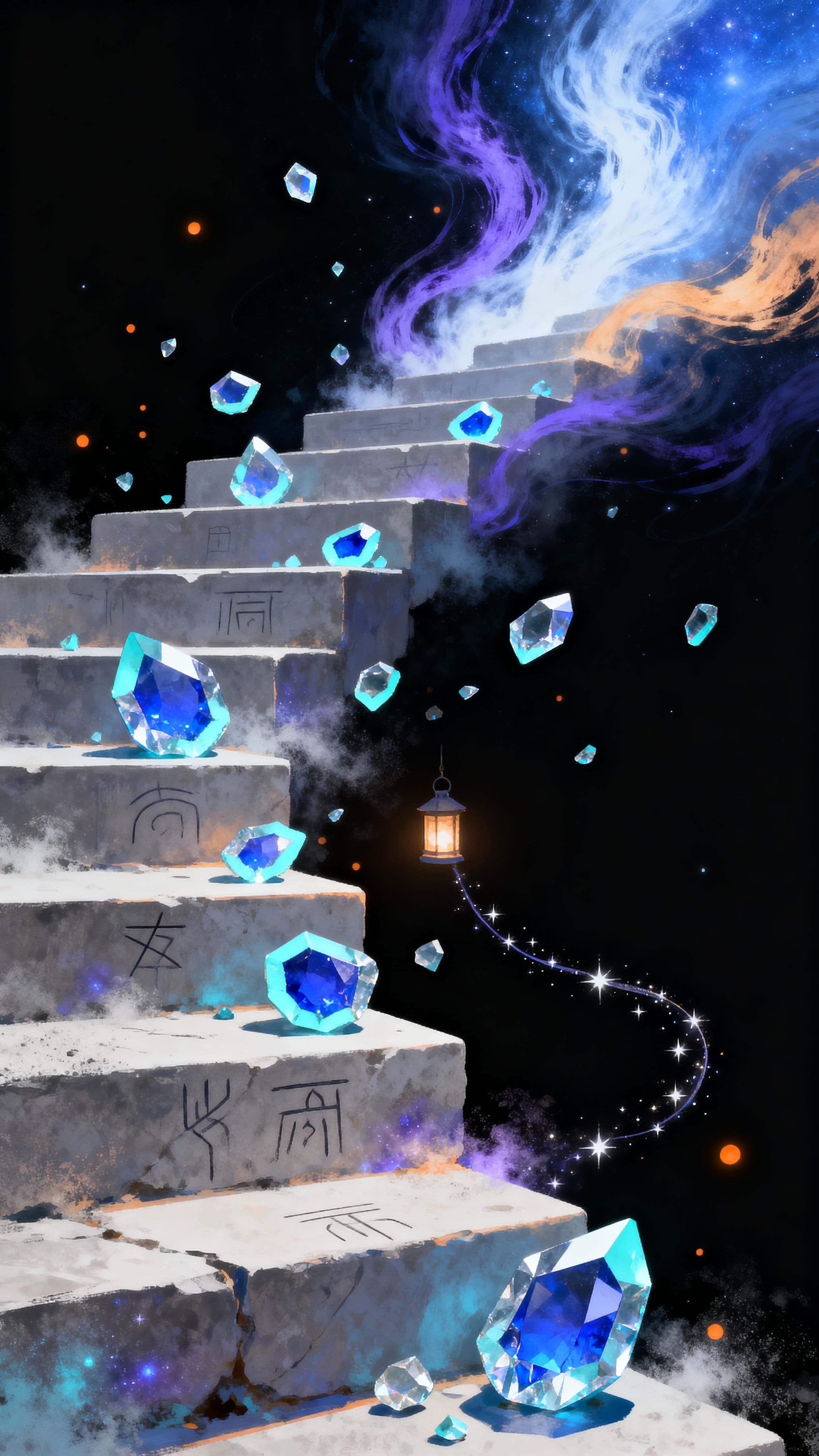 A vertical staircase of glowing crystalline fragments floats upward through a deep, ink-black sky streaked with blue-white cosmic winds and distant stars, evoking quiet wonder and ascent.