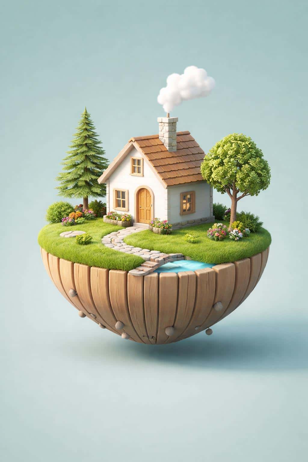 High-fidelity 3D render of a tiny white cottage nestled on a floating wooden island against a minimalist teal background for a whimsical digital wallpaper.