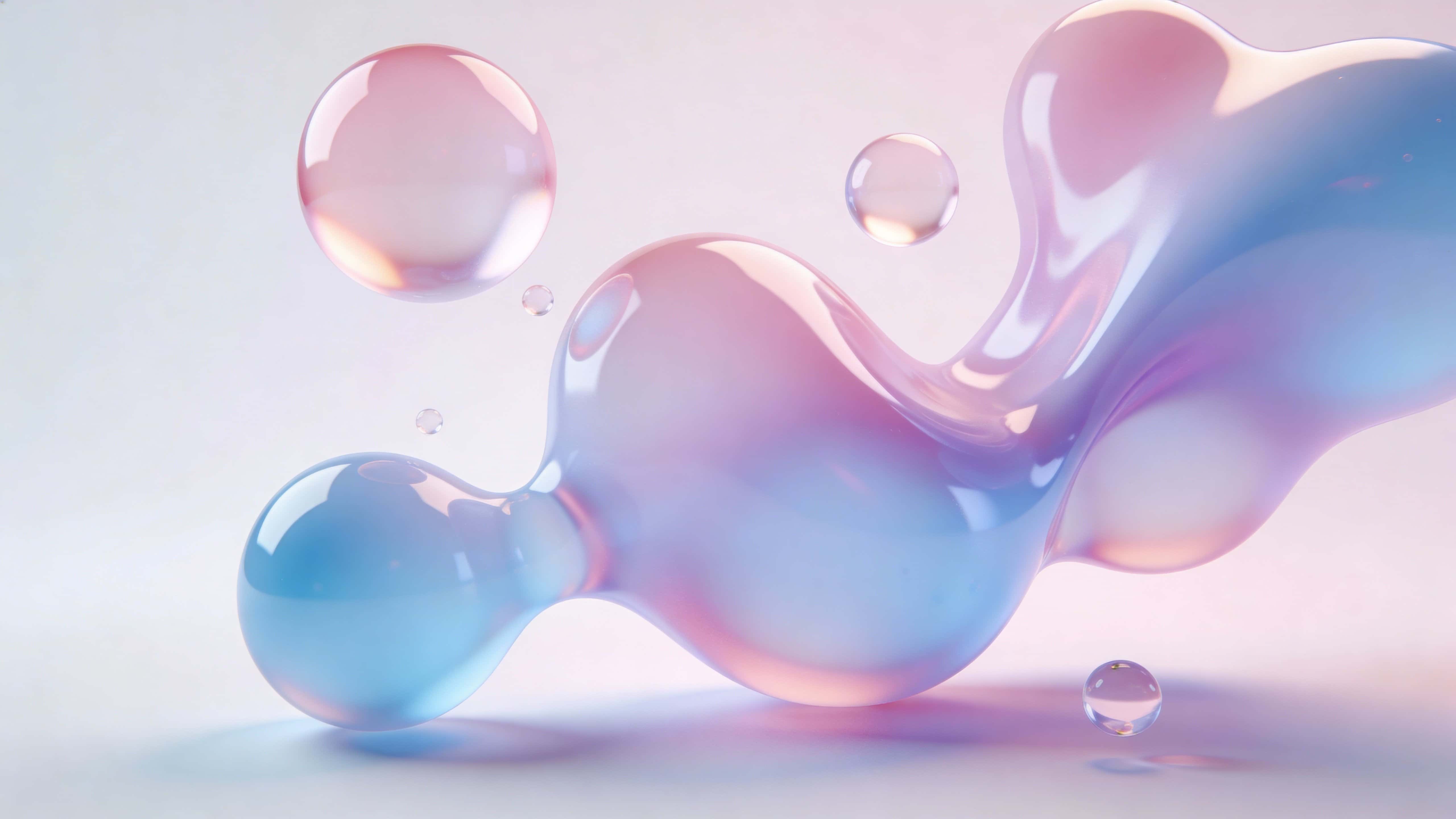 A soft abstract scene of floating pastel bubbles and organic liquid shapes with smooth rounded forms, semi-translucent surfaces and gentle pink, blue, and lavender gradients against a light airy background.