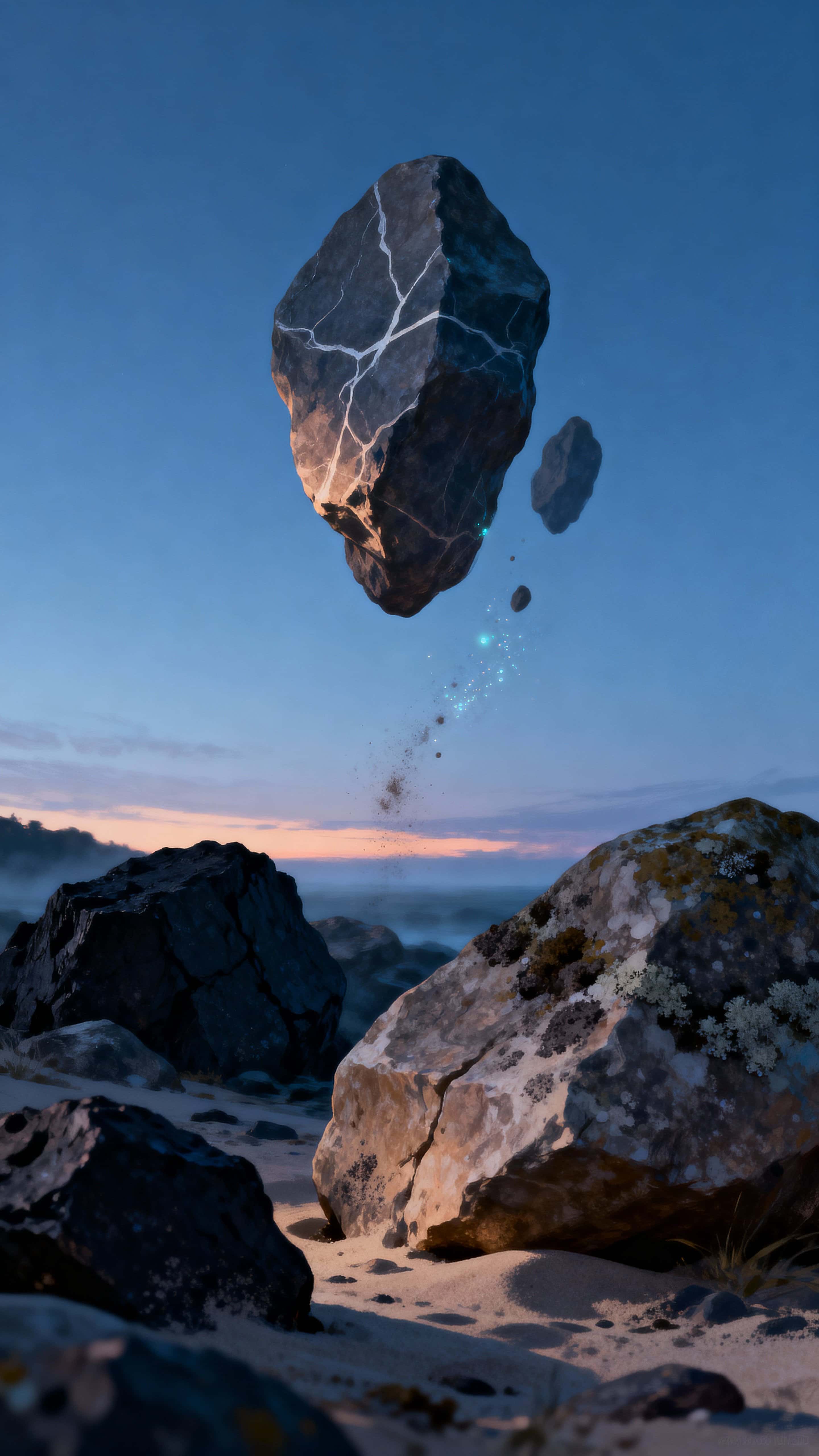 A vertical, cinematic scene of floating rocks drifting through a cool twilight sky above a distant horizon, rendered with soft atmospheric haze and cinematic framing in a 9:16 ratio to emphasize height and scale.