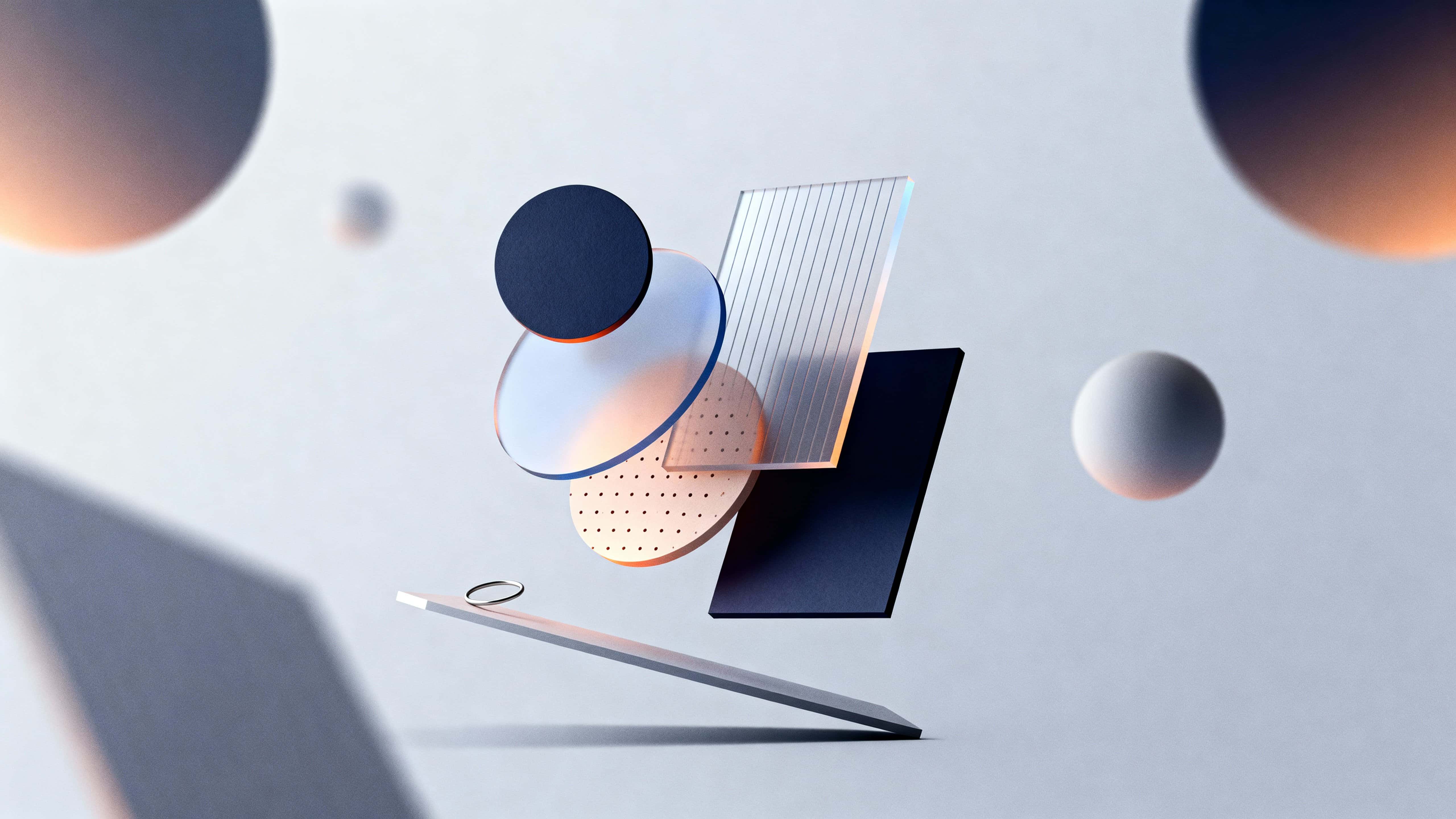 A balanced arrangement of floating geometric shapes in a wide 16:9 frame that emphasizes harmonious spacing, gentle motion, soft gradients, and calm minimalist abstraction for visual backgrounds and motion design assets.