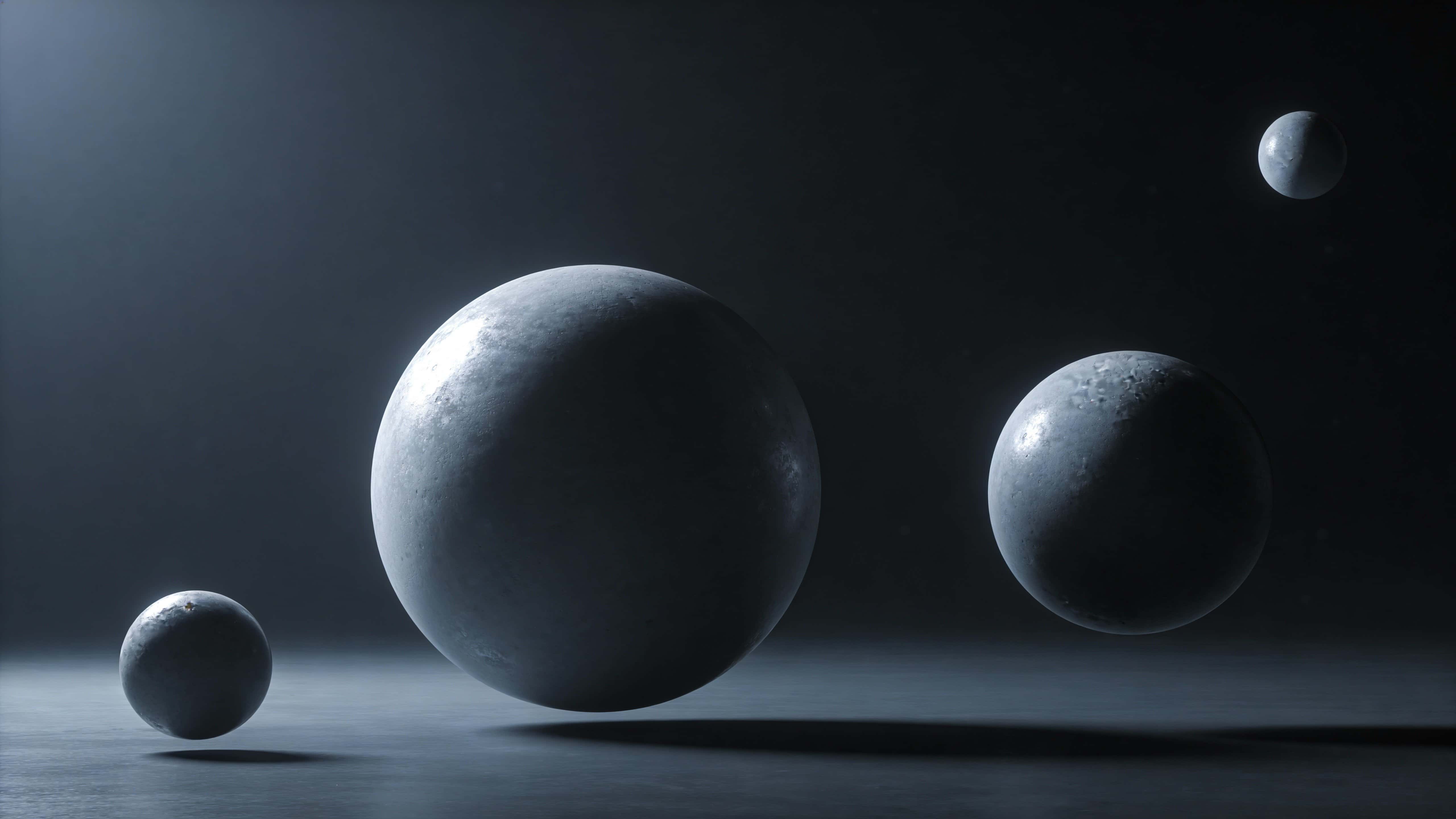 Four floating spheres arranged in a 16:9 minimalist 3D-render composition with deep negative space, subtle reflections and cool directional lighting for wallpaper or poster.
