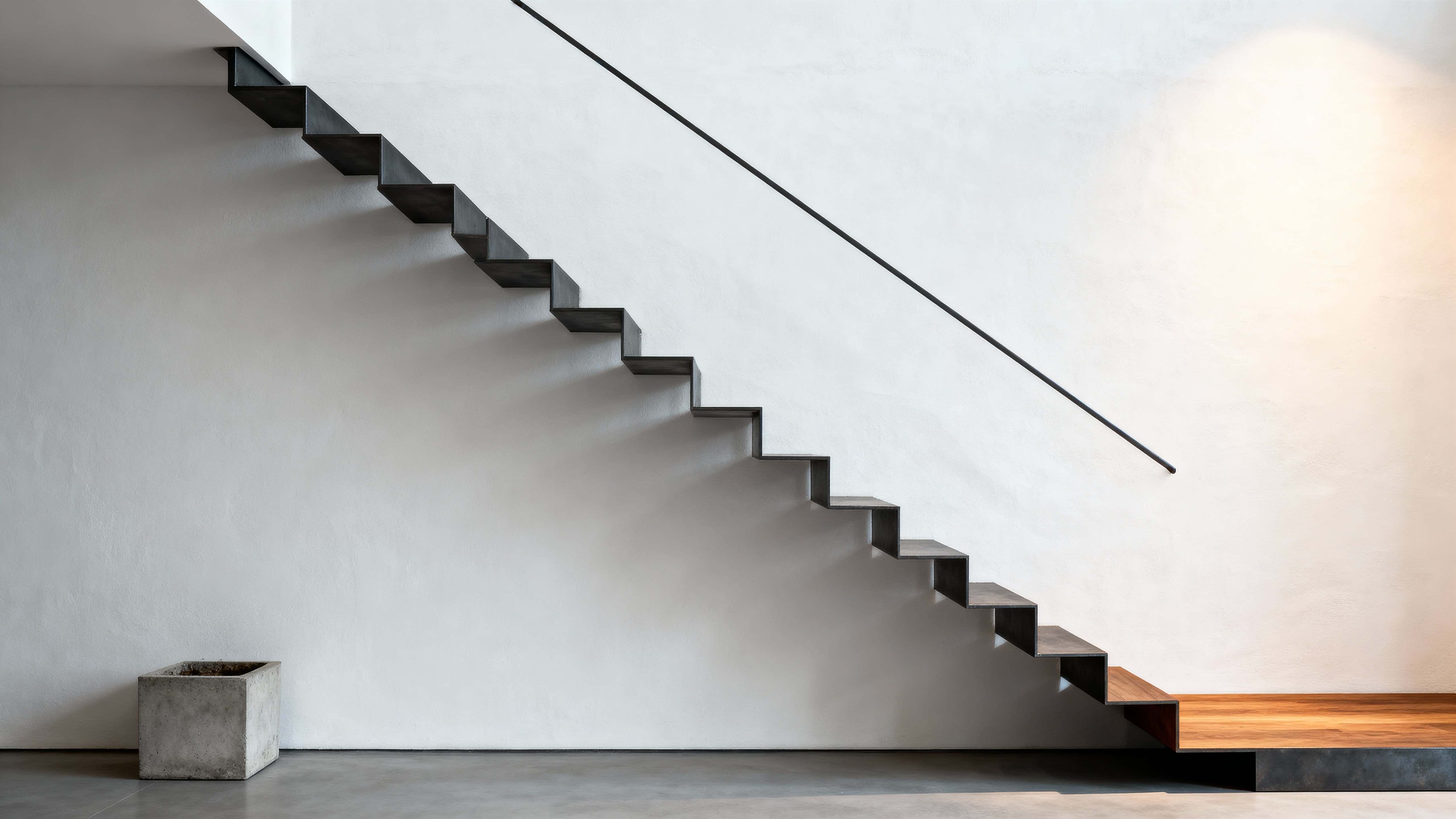 A minimalist architectural study of floating stairs in a 16:9 frame, showing calm geometry, neutral light, and crisp material transitions for design reference and visualization.