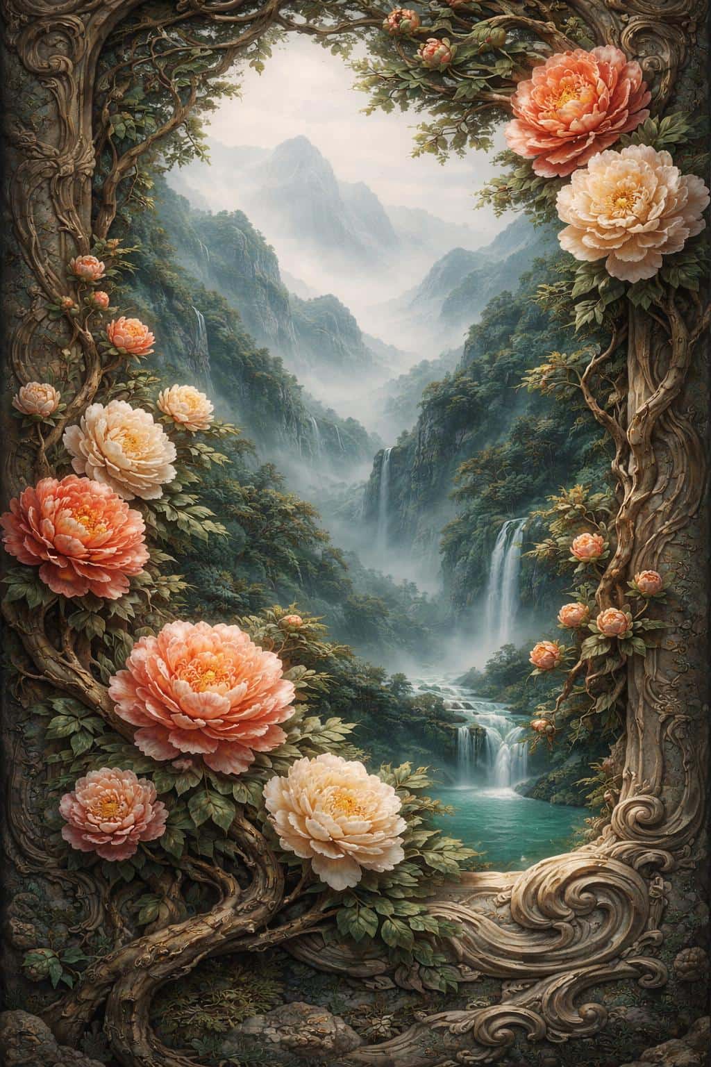Sculptural floral relief framing a misty mountain and waterfall scene, digital-painting style, composed for a vertical 2:3 wallpaper with ornate carved details and soft depth.