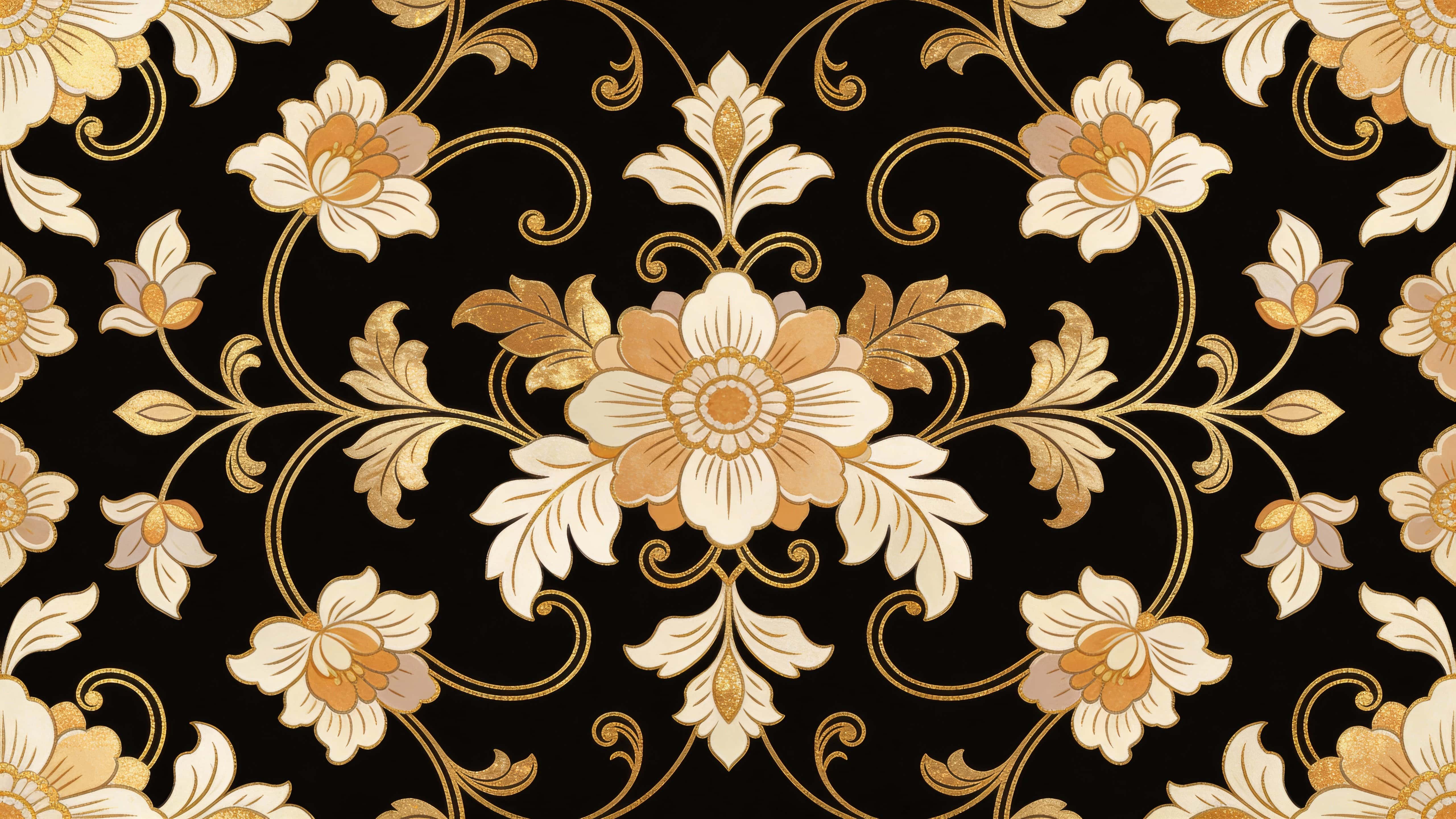 An elegant seamless decorative floral pattern tiled across a 16:9 surface, with intricate hand-drawn flowers, leaves and vines in soft gold, warm beige and muted ivory on deep black.