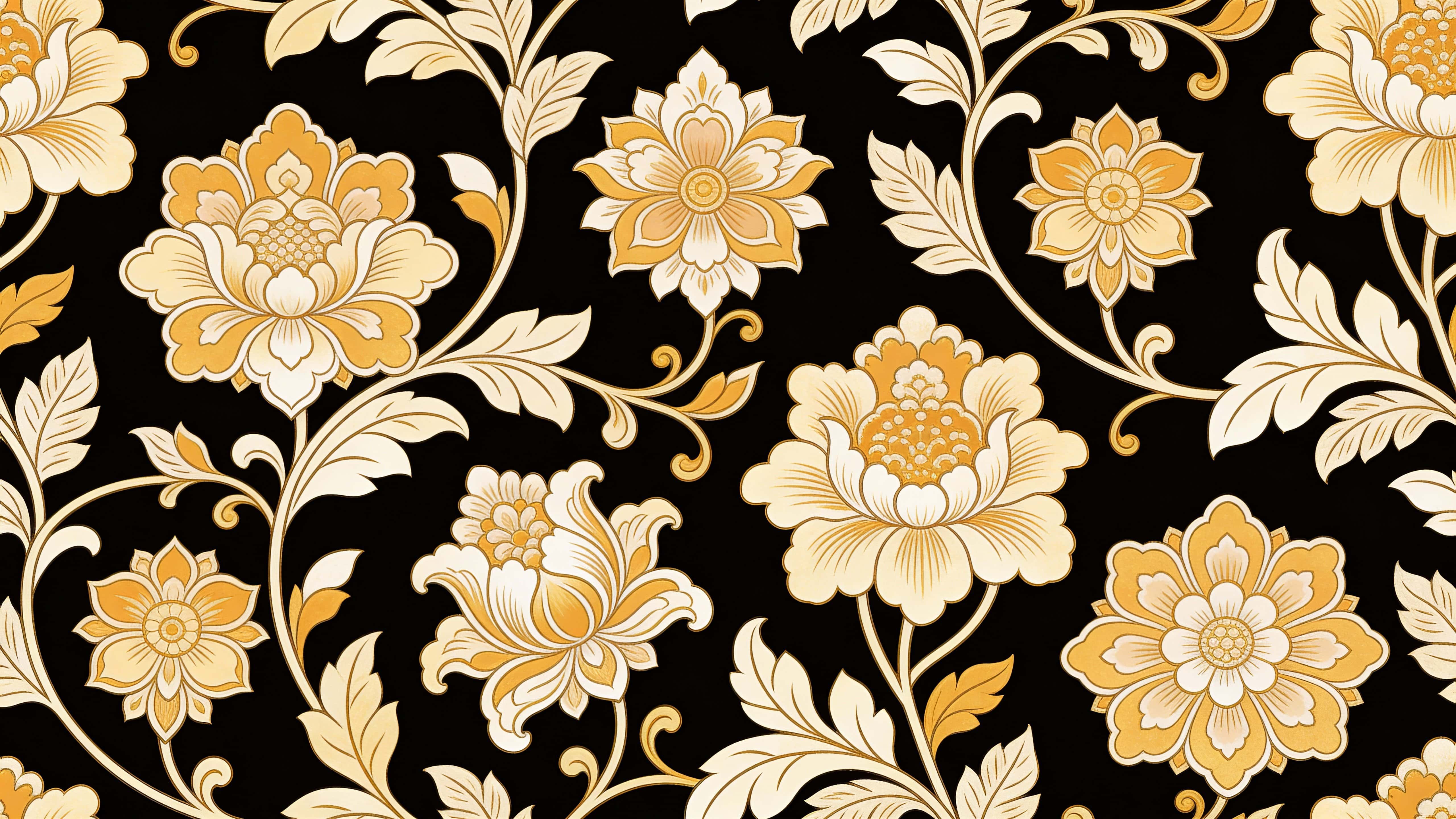An ornamental hand-drawn seamless floral pattern of intricate flowers, leaves, and vines in soft gold, warm beige, and muted ivory against a deep black field, tiled for 16:9 use.