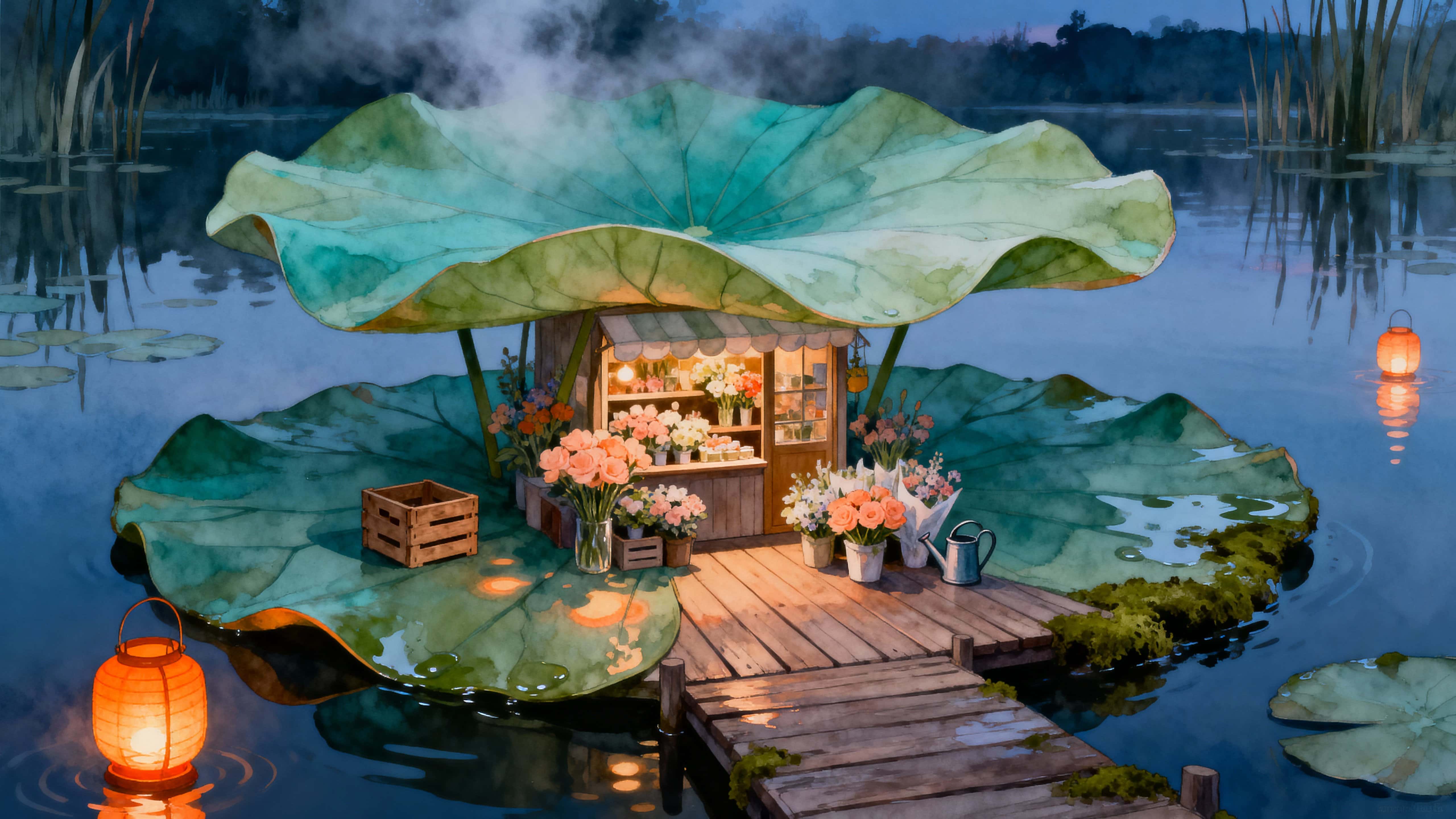 A tiny floral shop sits centered on a giant lily pad drifting on a calm dusk pond, offering an intimate, whimsical shelter for blooms and visitors in a quiet scene.