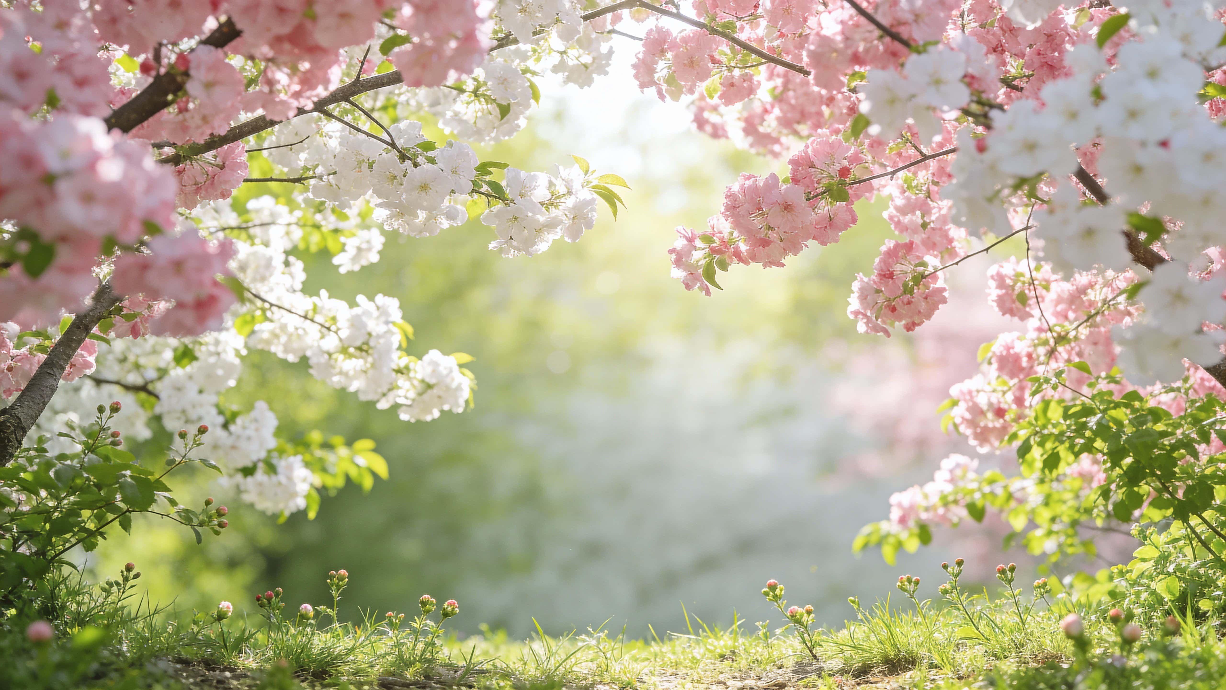 A bright floral spring background framed by blooming branches with pink and white flowers and vivid green foliage, grassy hints and small buds at the bottom under diffused sunlight.