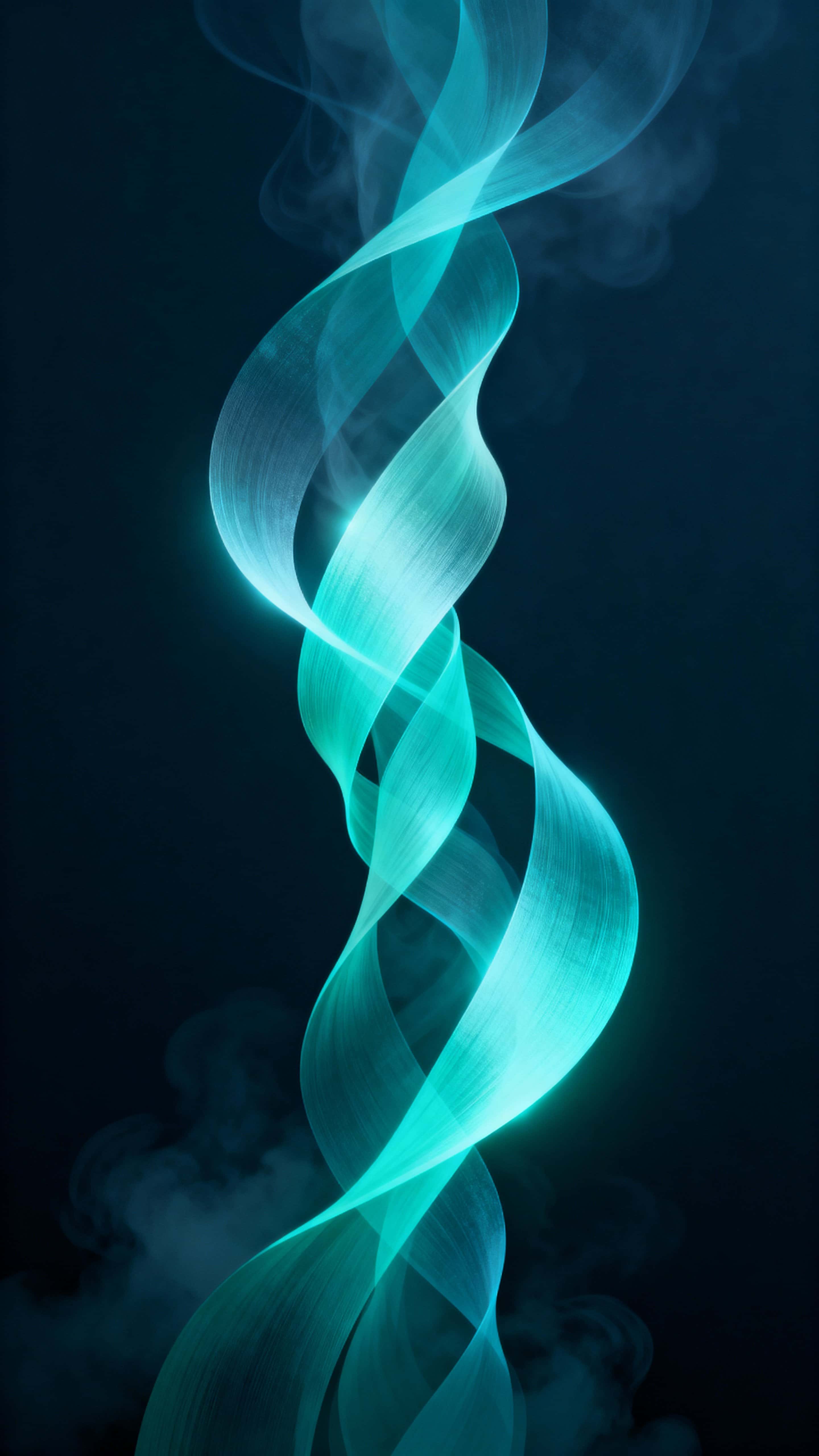 A vertical 9 by 16 abstract composition of flowing luminous ribbons in aqua and violet tones with a velvety haze and soft bloom, keeping the top 12 percent as negative space and both lower corners dark and empty.