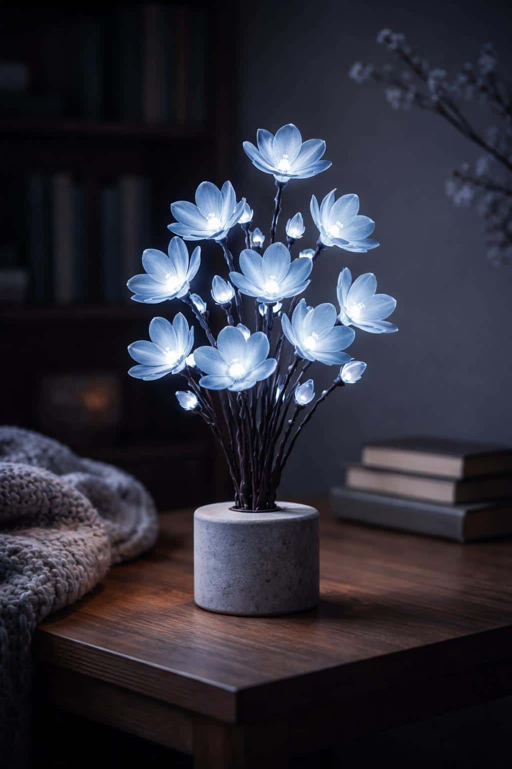 Single glowing blue flower lamp photographed as a tabletop still-life in soft low-key product photography, framed for a 2:3 portrait ratio with careful crop guidance.
