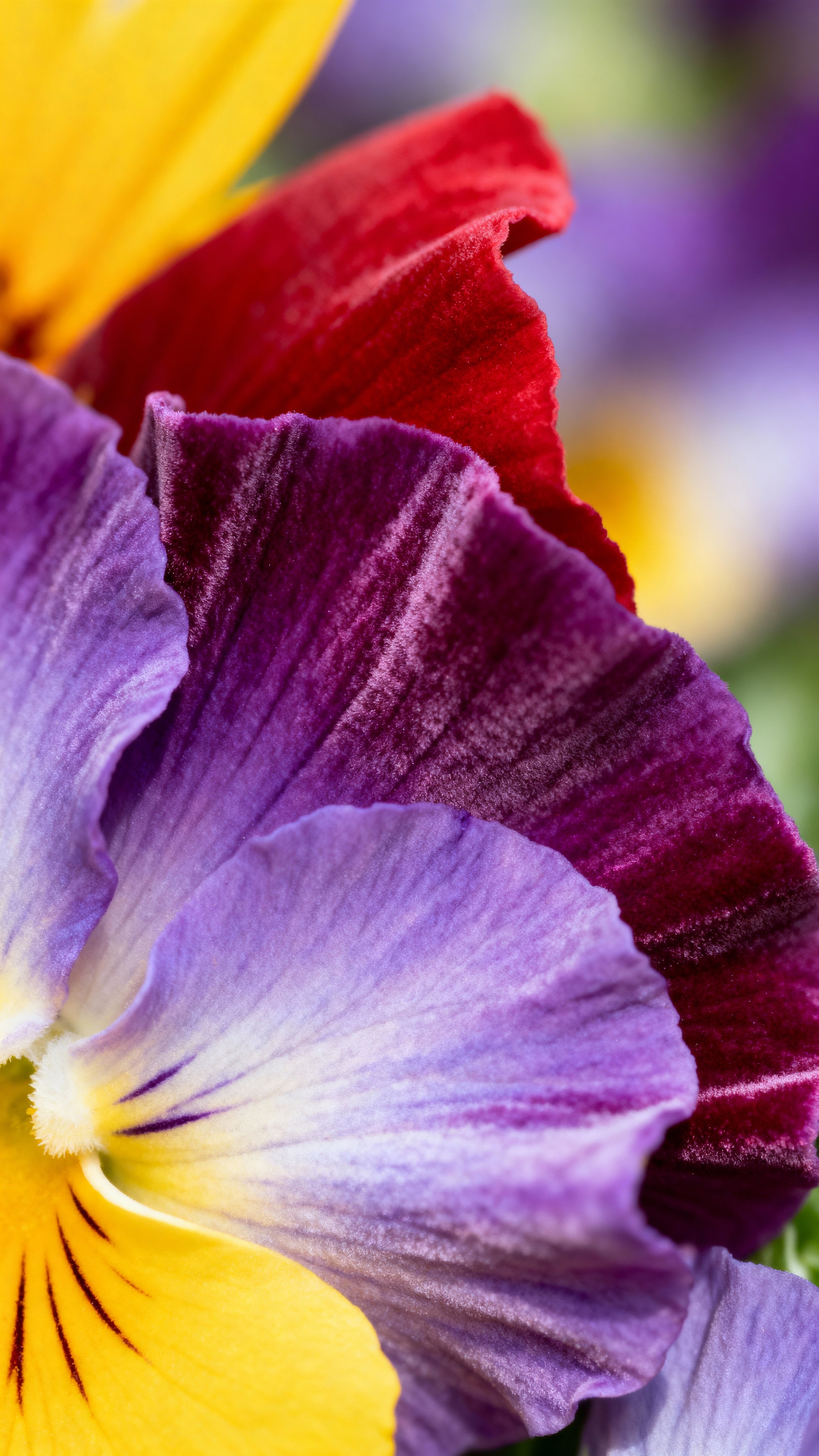 Macro vertical close-up of a vivid flower petal revealing soft velvet-like texture and smooth gradient transitions in deep saturated crimson, violet, and sunflower yellow, with subtle natural light accenting delicate folds for phone-wallpap