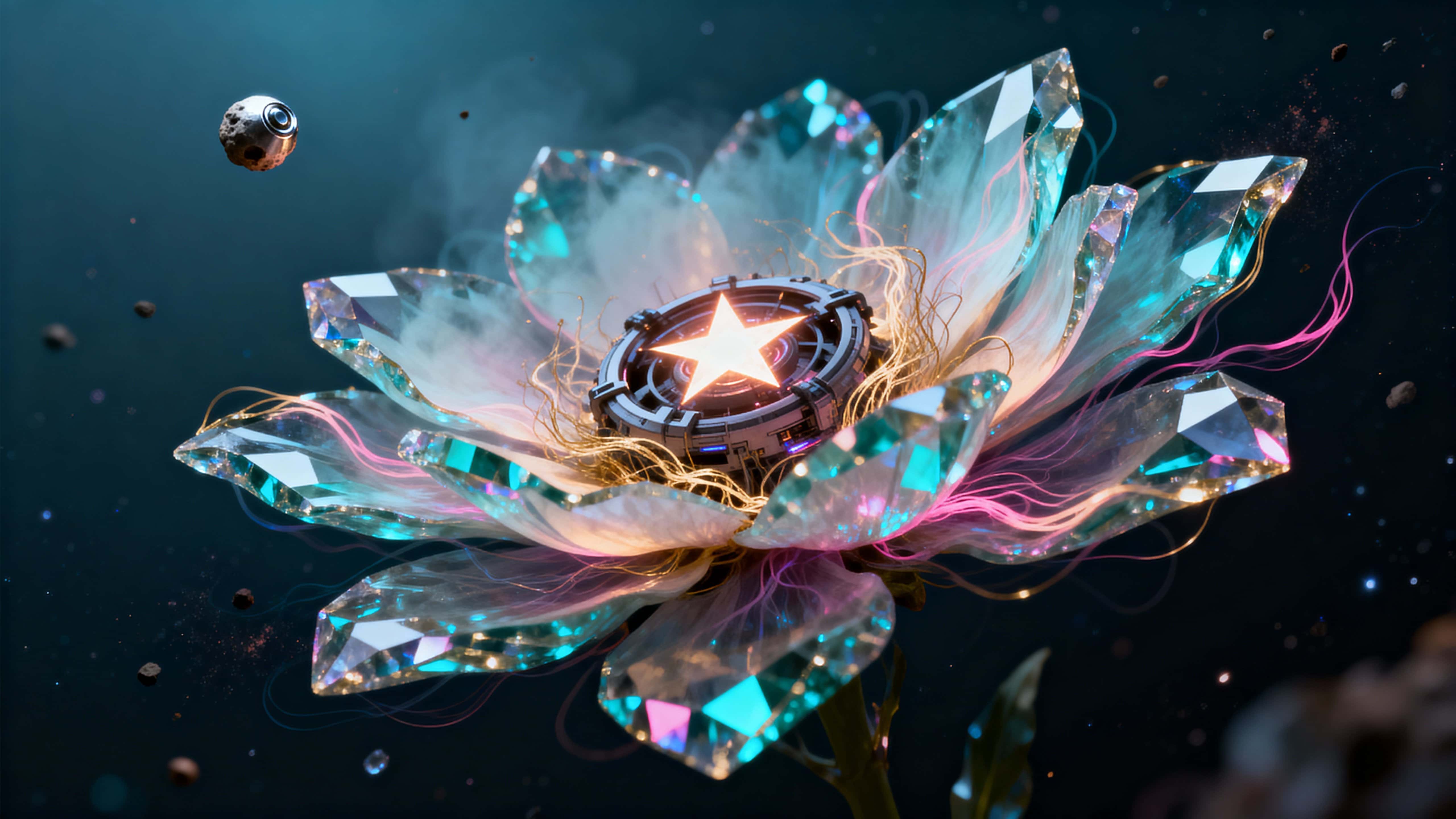 A surreal sci-fi study of a blooming star engine where petals are energy tendrils and crystalline planes, cosmic dust drifts through a glowing plasma heart in widescreen composition.
