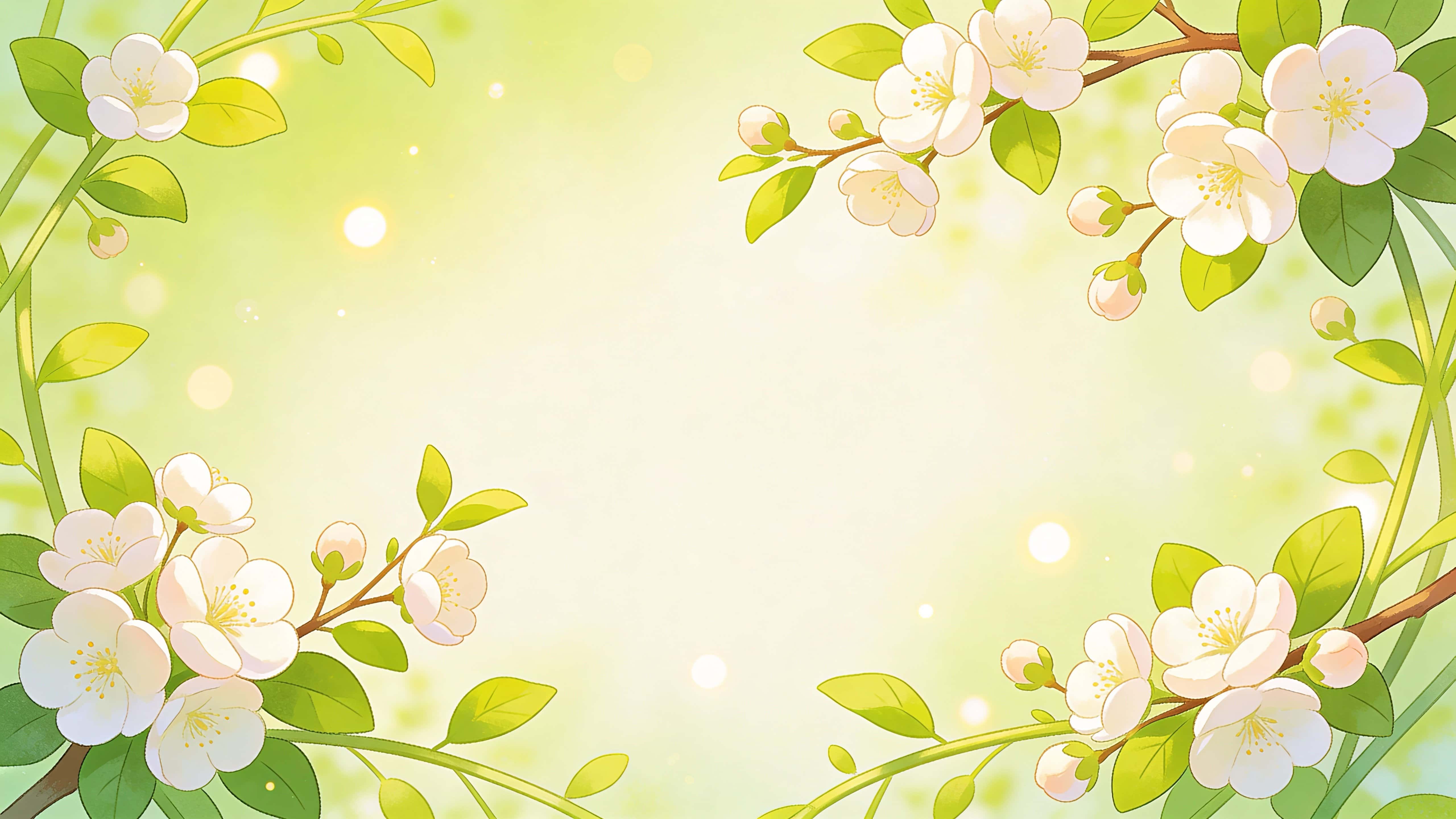 Illustrated spring scene with gentle rounded blossoms and bright green leaves framing the edges, soft stems and a smooth gradient background with glowing light spots and an open center for text.