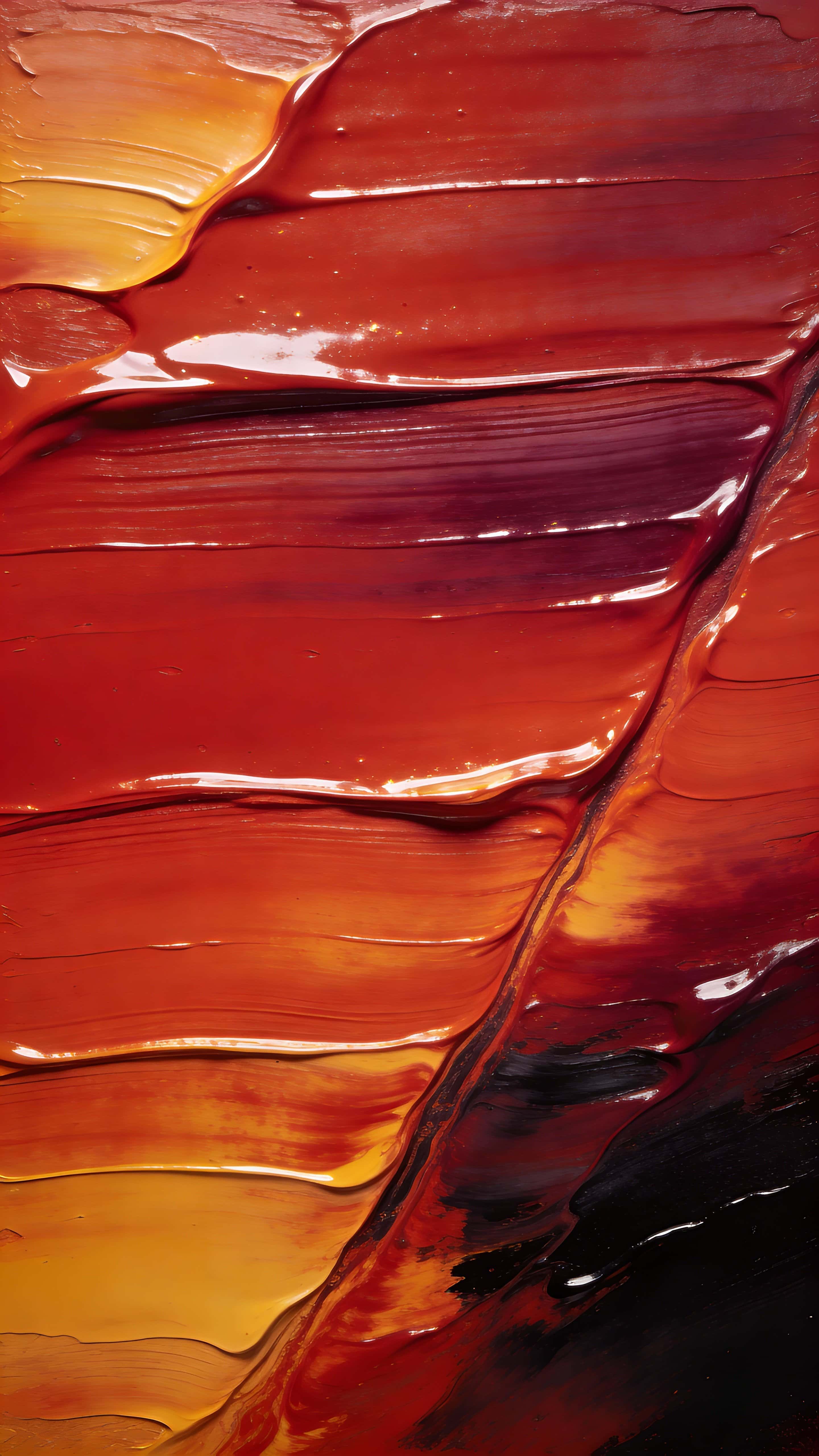Flowing pigment fills a 9:16 vertical frame as a full-bleed abstract wallpaper of glossy marbled layers and diagonal veins in molten red, warm amber, claret, and near-black accents.
