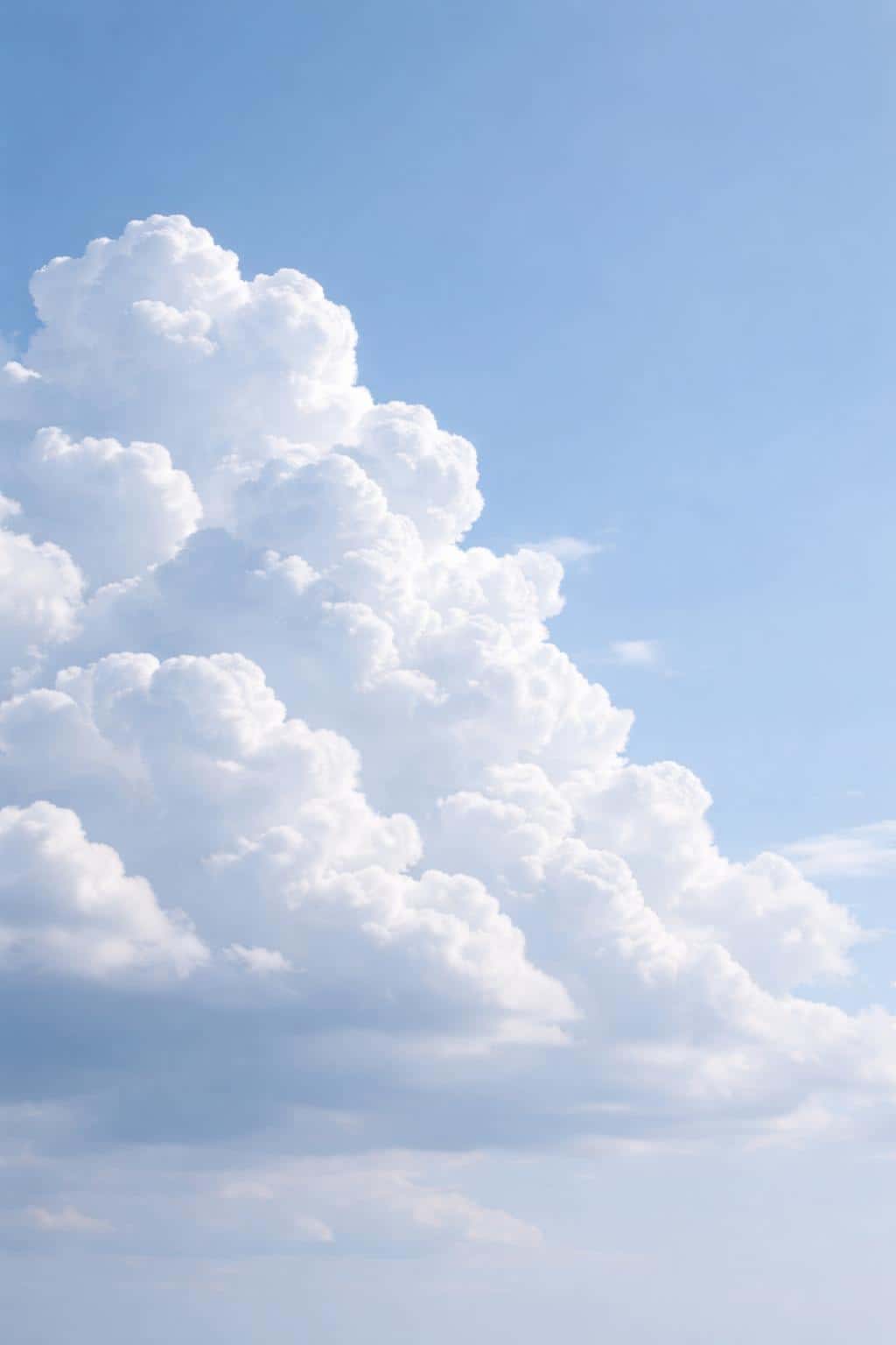 Large fluffy cumulus clouds framed in a vertical 2:3 ratio against a pale blue sky, composed as a serene wallpaper-style landscape with generous negative space.