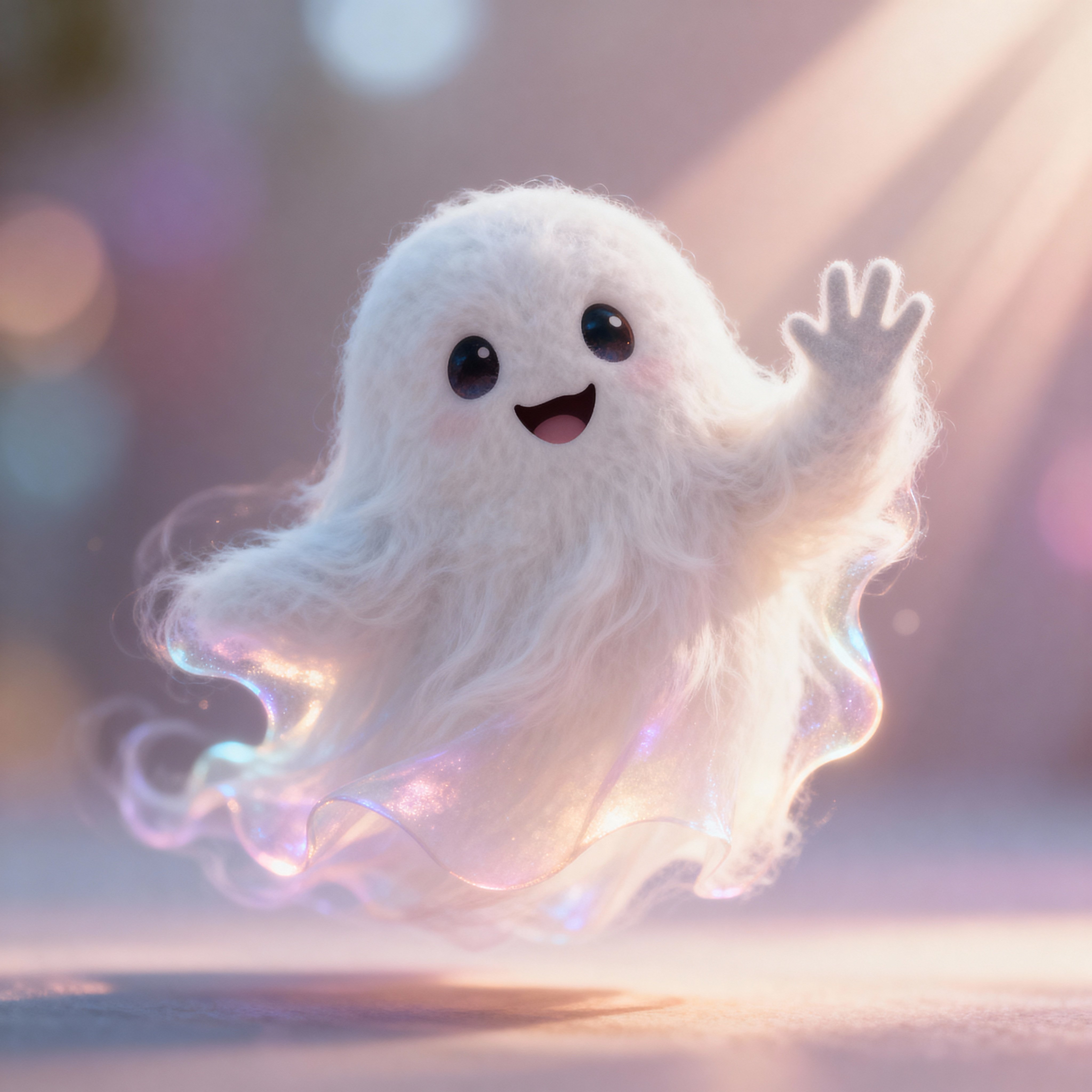 A cute, fluffy ghost in a square-format photographic style. Soft lighting, whimsical and artistic composition, high detail in textures of fluff and subtle translucency, playful expression, gentle bokeh background, warm color tones, creative