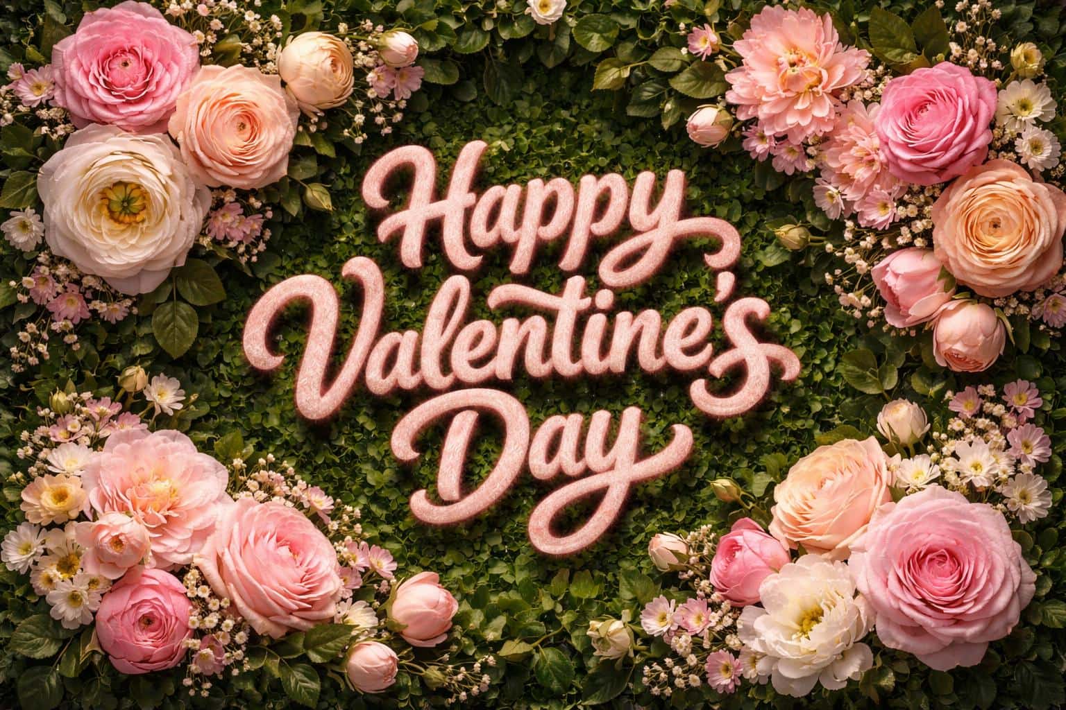 A tightly composed 3:2 still-life with fluffy pink hand-lettered "Happy Valentine's Day" centered and filling half the frame, ringed by mixed spring blossoms and deep green leaves.