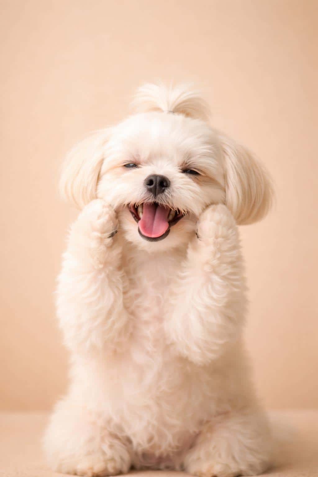 Close framed portrait of a small fluffy white dog photographed as a vertical 2:3 wallpaper-style image with warm beige background and soft studio lighting.