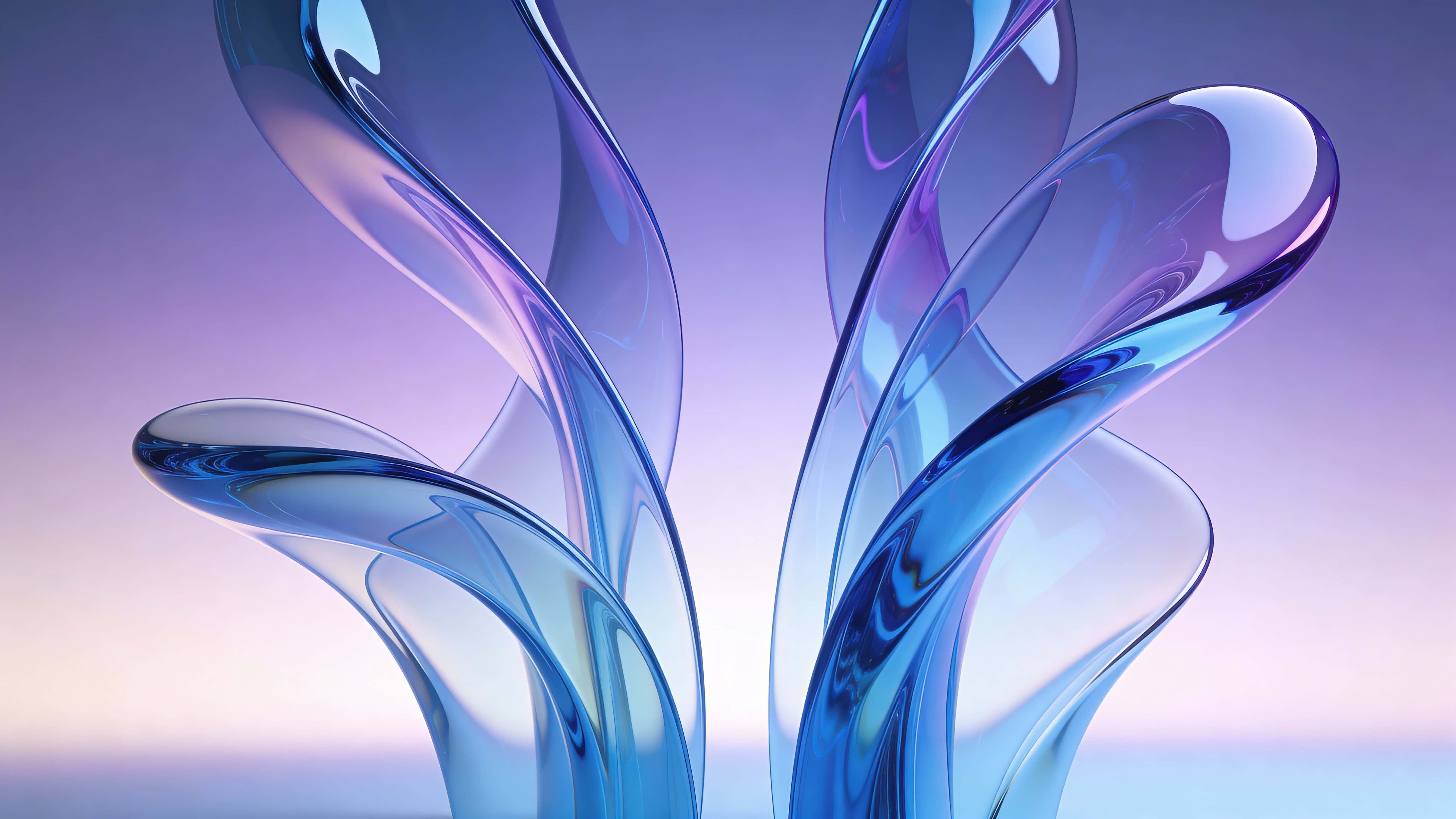 Airy minimal 16:9 scene of fluid, glass-like curves flowing upward with soft blue and violet light gradients and cinematic softness, rendered ultra-clean.