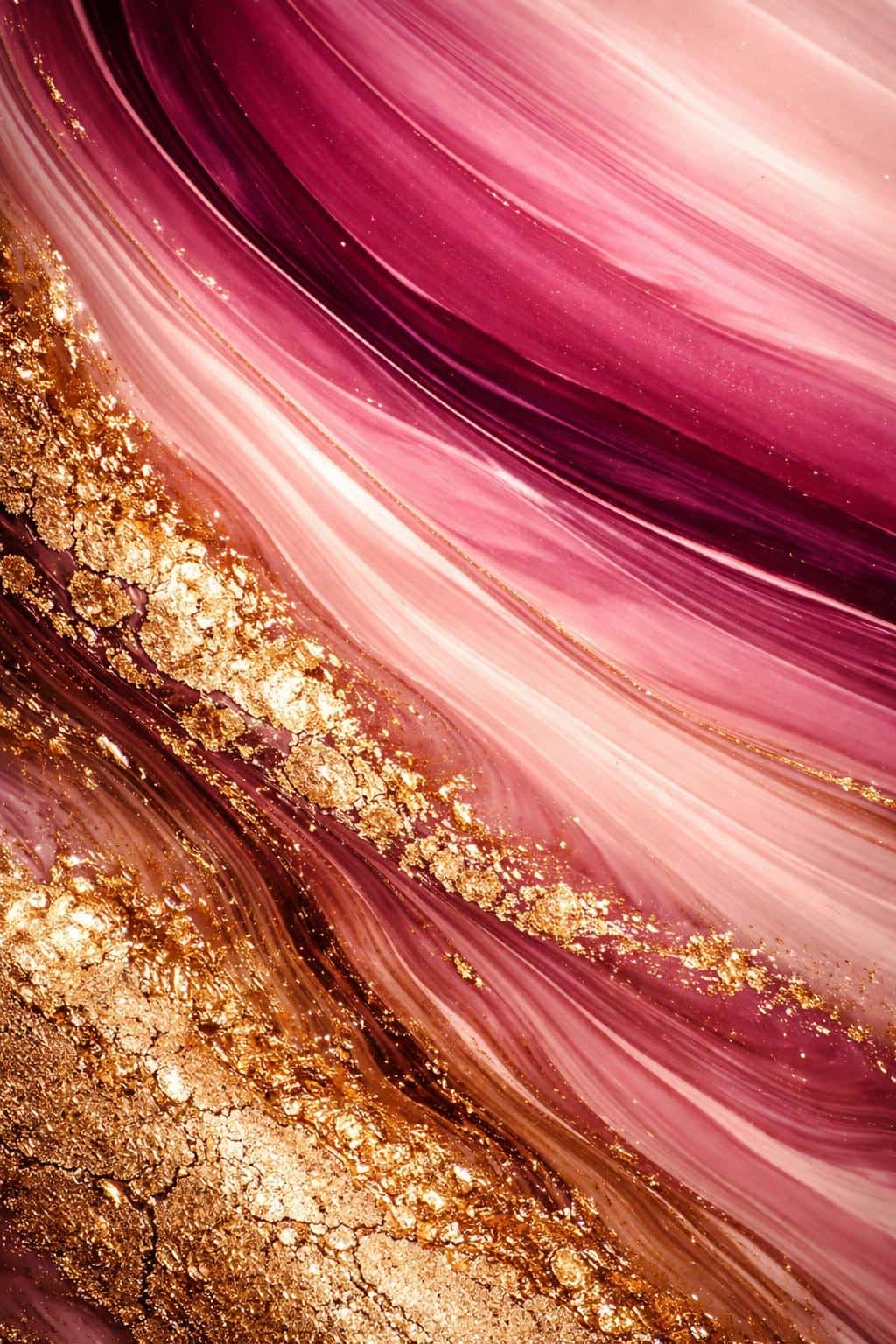 Close-up abstract photography of a pink and gold marbled surface with diagonal bands and textured metallic pools, framed as a 2:3 vertical wallpaper composition.