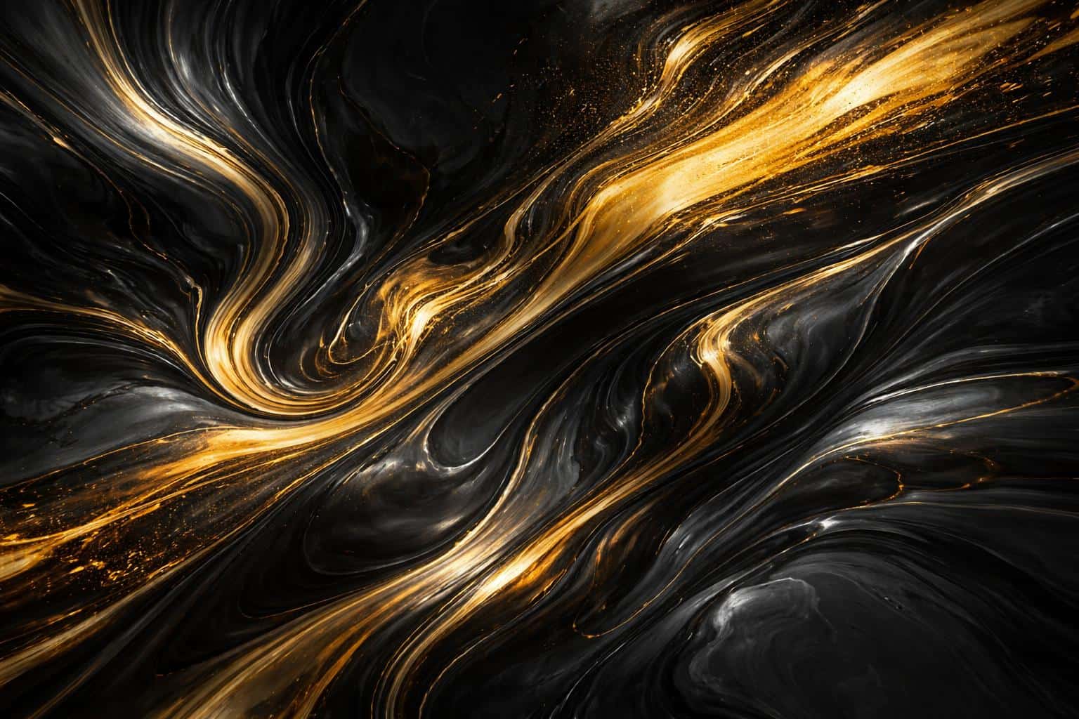 High-fidelity 3:2 abstract fluid marbling in a dark 3D-render style, with metallic gold accents and glossy textures suitable for wallpaper or poster use.