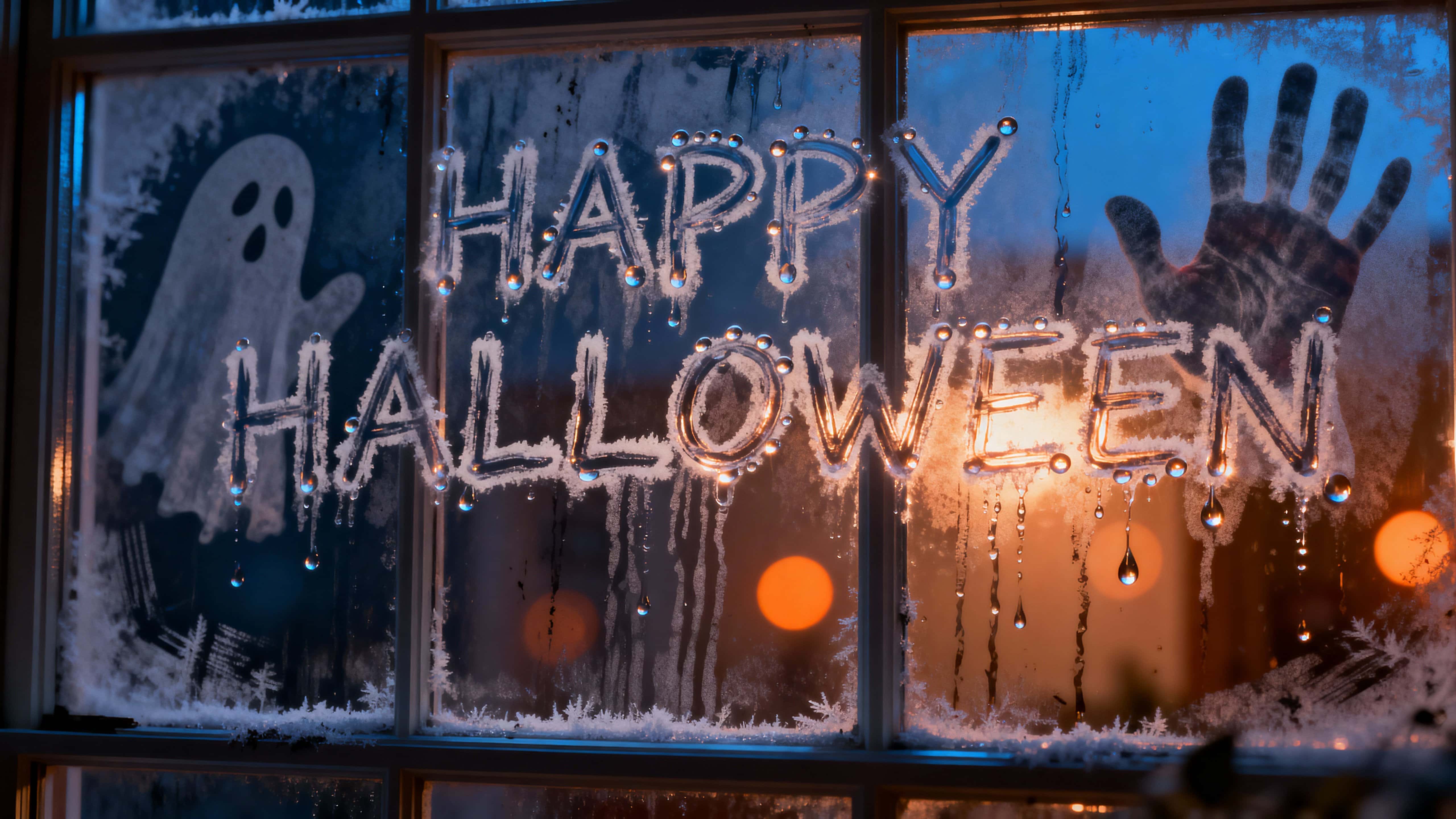 A photo-quality 3D render of a fogged windowpane filling a 16:9 frame with “HAPPY HALLOWEEN” finger-drawn through condensation, ghosted handprints, and warm bokeh behind the glass.
