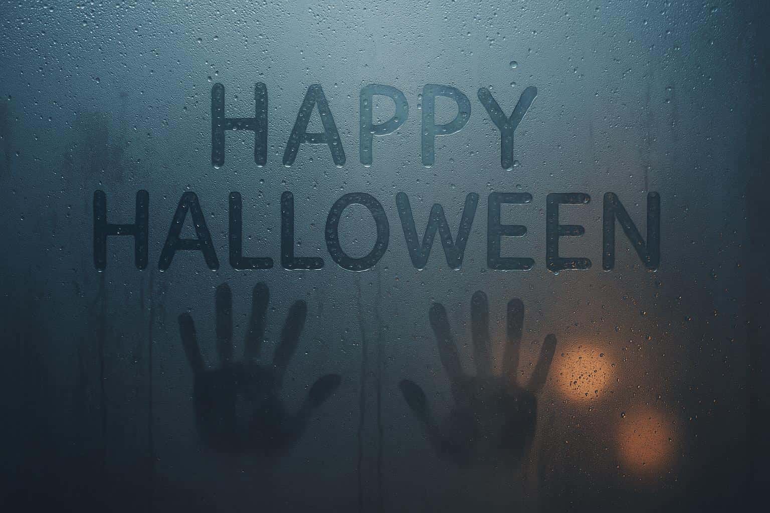 Close 3:2 render of a fogged windowpane filling the frame with finger-drawn “HAPPY HALLOWEEN”, ghostly handprints, and warm interior bokeh bleeding through the glass.