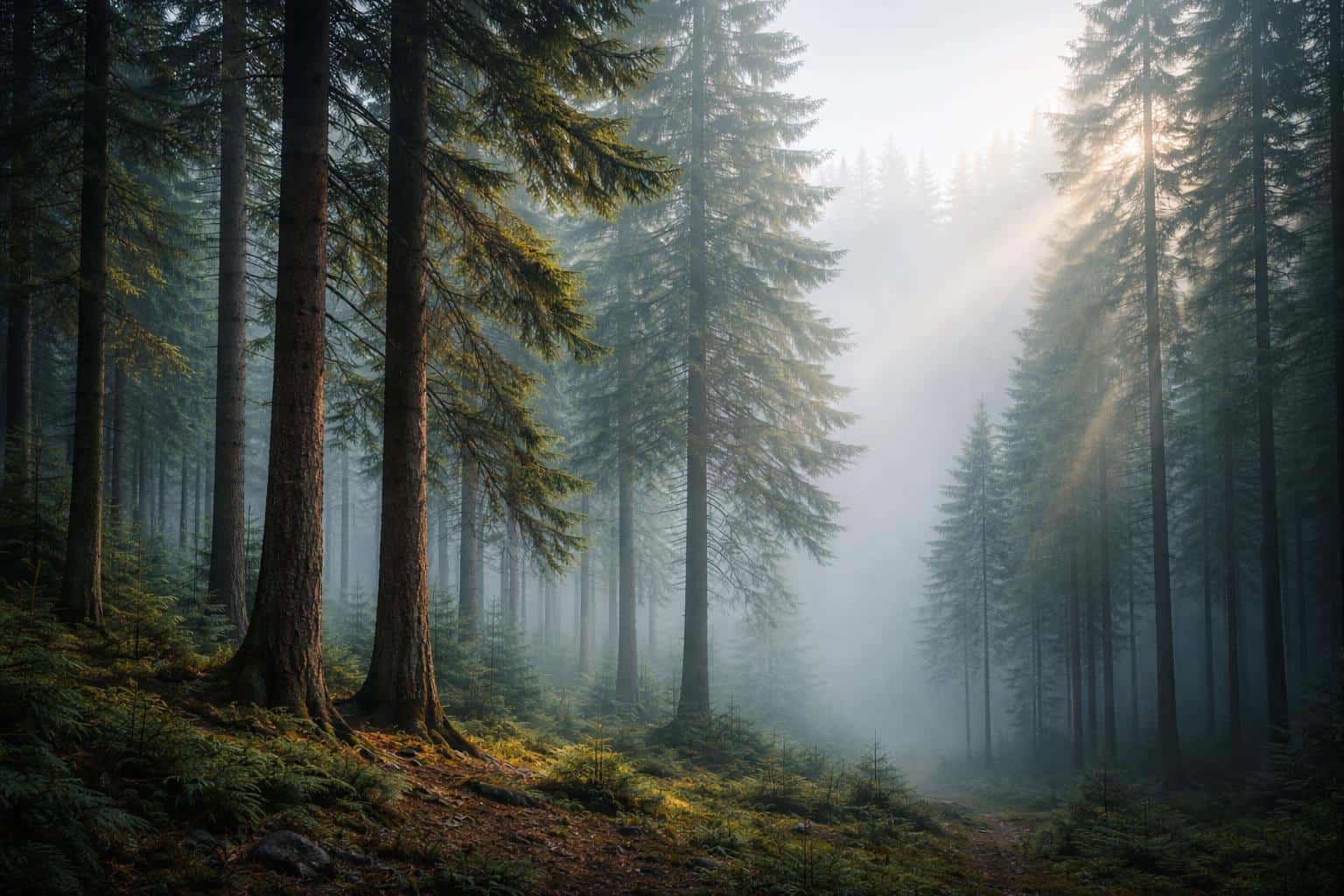 Fog-filled evergreen forest captured as a 3:2 wallpaper-style landscape with soft sun rays piercing mist and a cinematic, low-contrast atmosphere for desktop or print use.