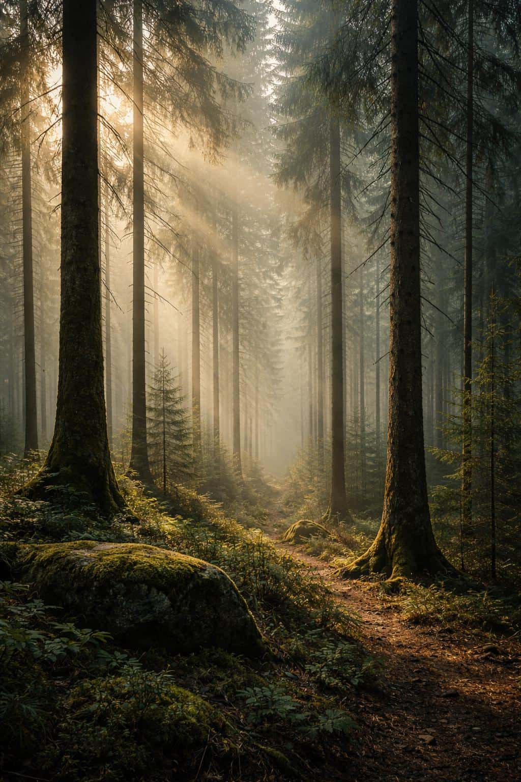 A foggy forest soaked in gentle morning rays, photographed as a moody landscape scene for a 2:3 poster-cover with soft mist, deep greens, and calm atmosphere.