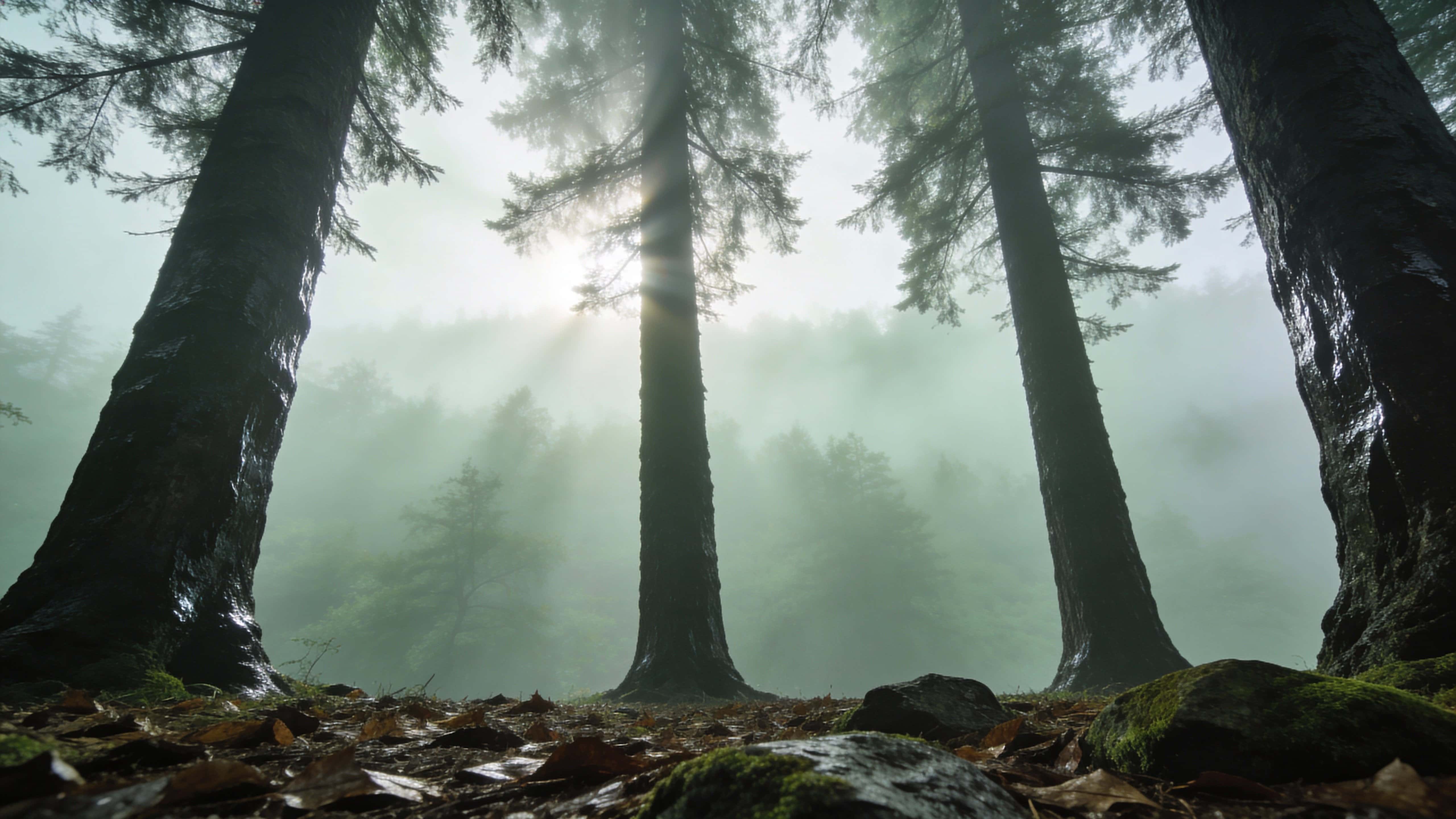 A foggy temperate forest photographed as a widescreen landscape wallpaper, with layered tree silhouettes, cool diffused light, and deep foreground textures for a cinematic mood.