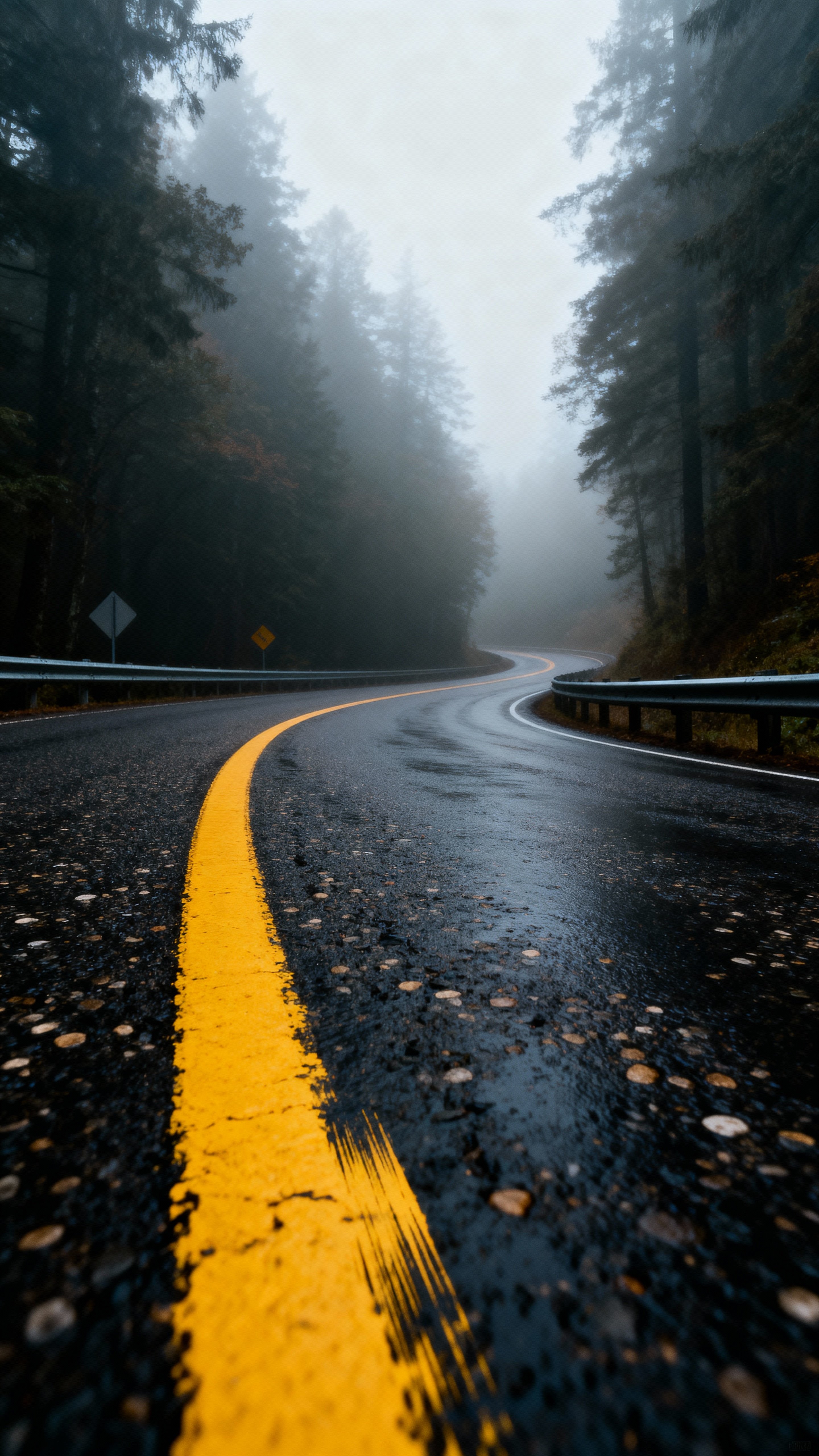 A foggy forest switchback road photograph focused on a worn yellow center line (#FFD039) on wet charcoal asphalt (#2B2B2F), cool shadow blue (#445B73) and muted leaf green edges (#6B8A59), cinematic with restrained grain.
