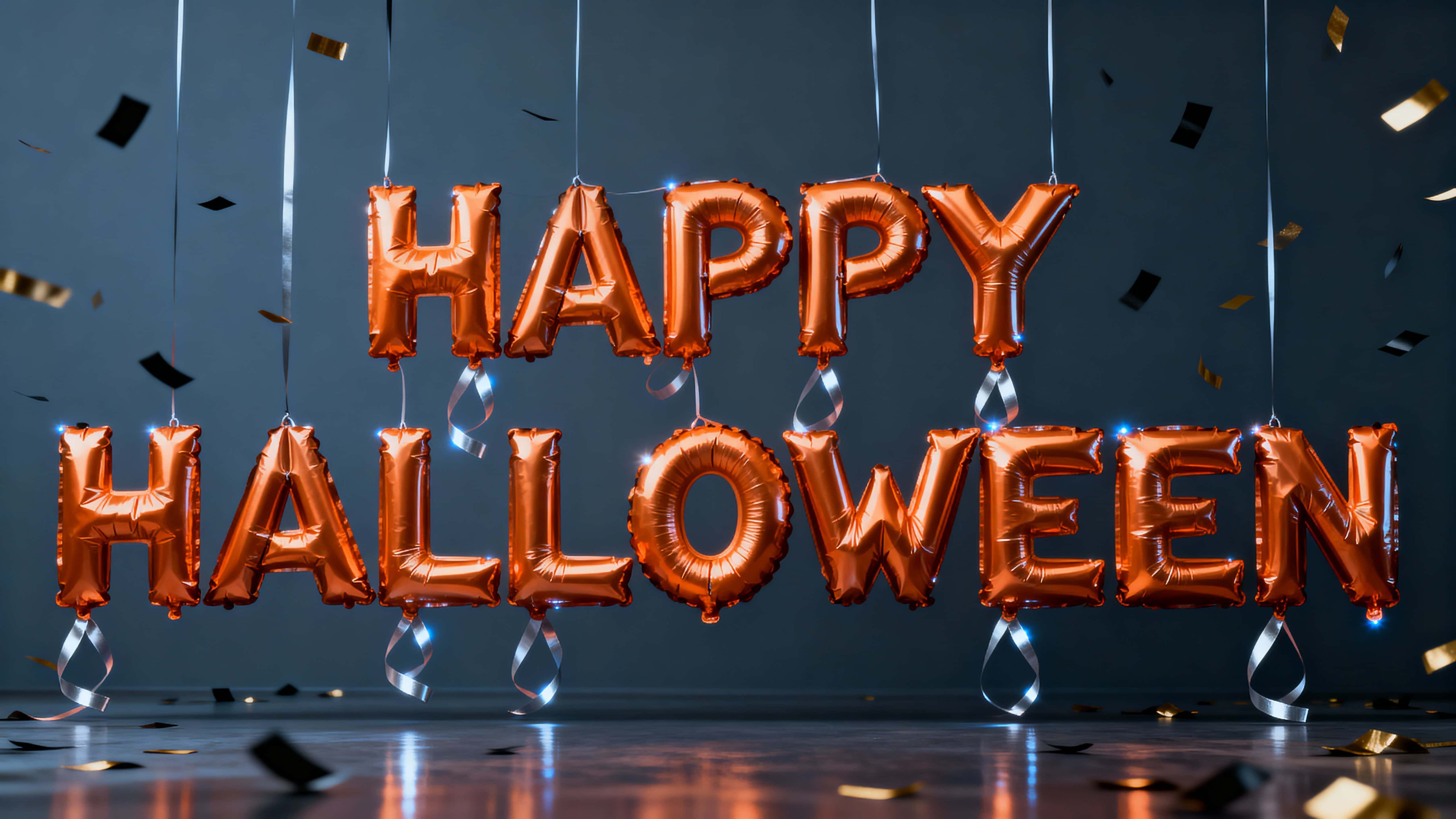 Inflated metallic-foil letters spell "HAPPY HALLOWEEN" in pumpkin orange with mylar highlights, thin ribbon tethers, slow-fall black and gold confetti, and a matte charcoal backdrop with faint floor reflection.
