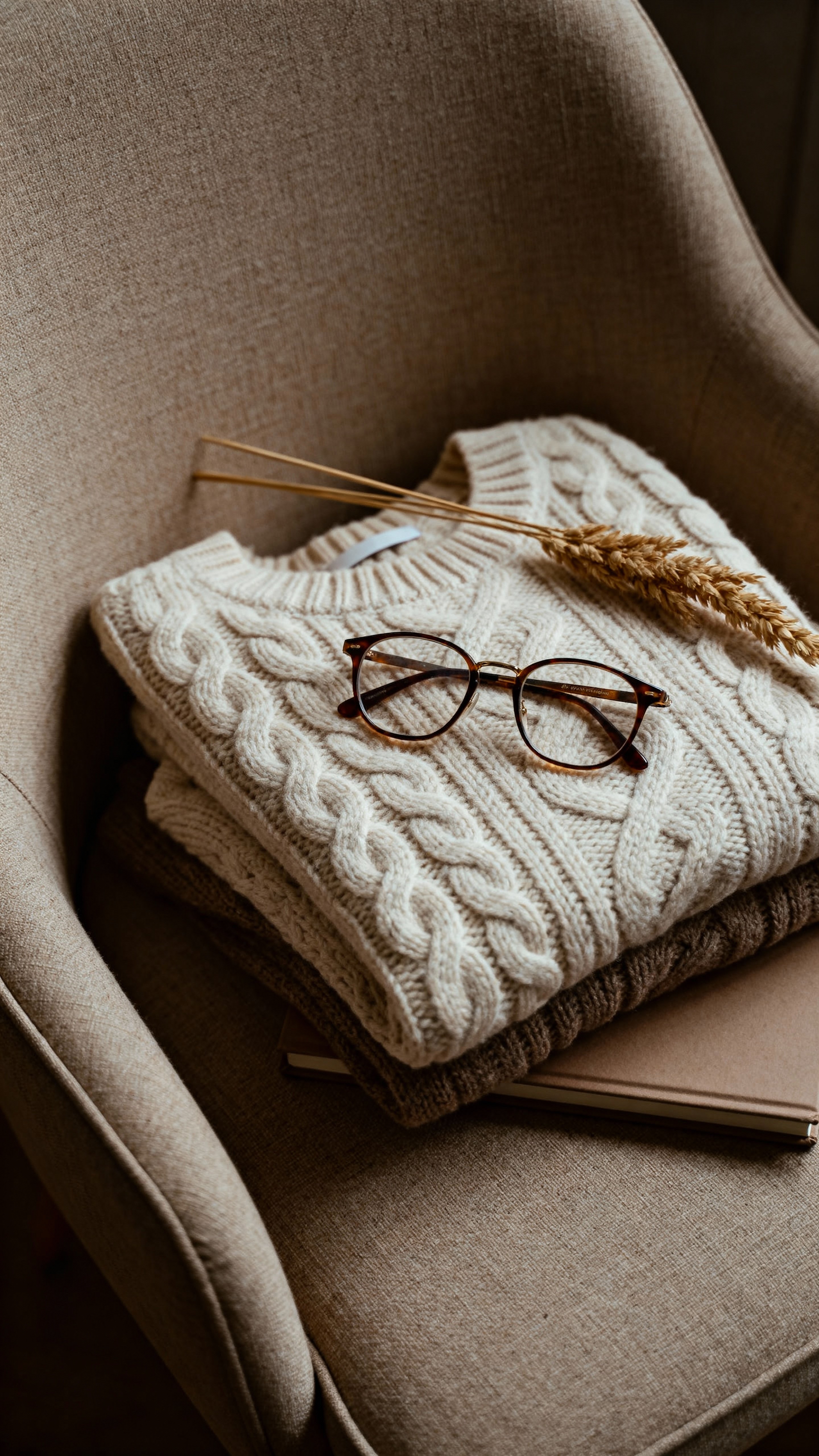 A folded knit sweater on a linen chair with thin-acetate glasses, dried wheat and a closed notebook, in warm beige, cream, chestnut, muted olive, soft gray and deep brown, lit with soft warm-biased illumination to emphasize textile relief,浅