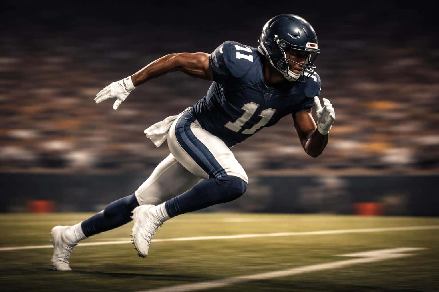 Wide 3:2 high-speed sports photo from a low sideline angle of a wide receiver accelerating downfield with a strong tracking pan that keeps the athlete crisp while yard lines, crowd, and stadium lights streak into lateral blur, a darker gradient behind the helmet, deep charcoal and cool slate tones with warm amber highlights and subtle film grain.