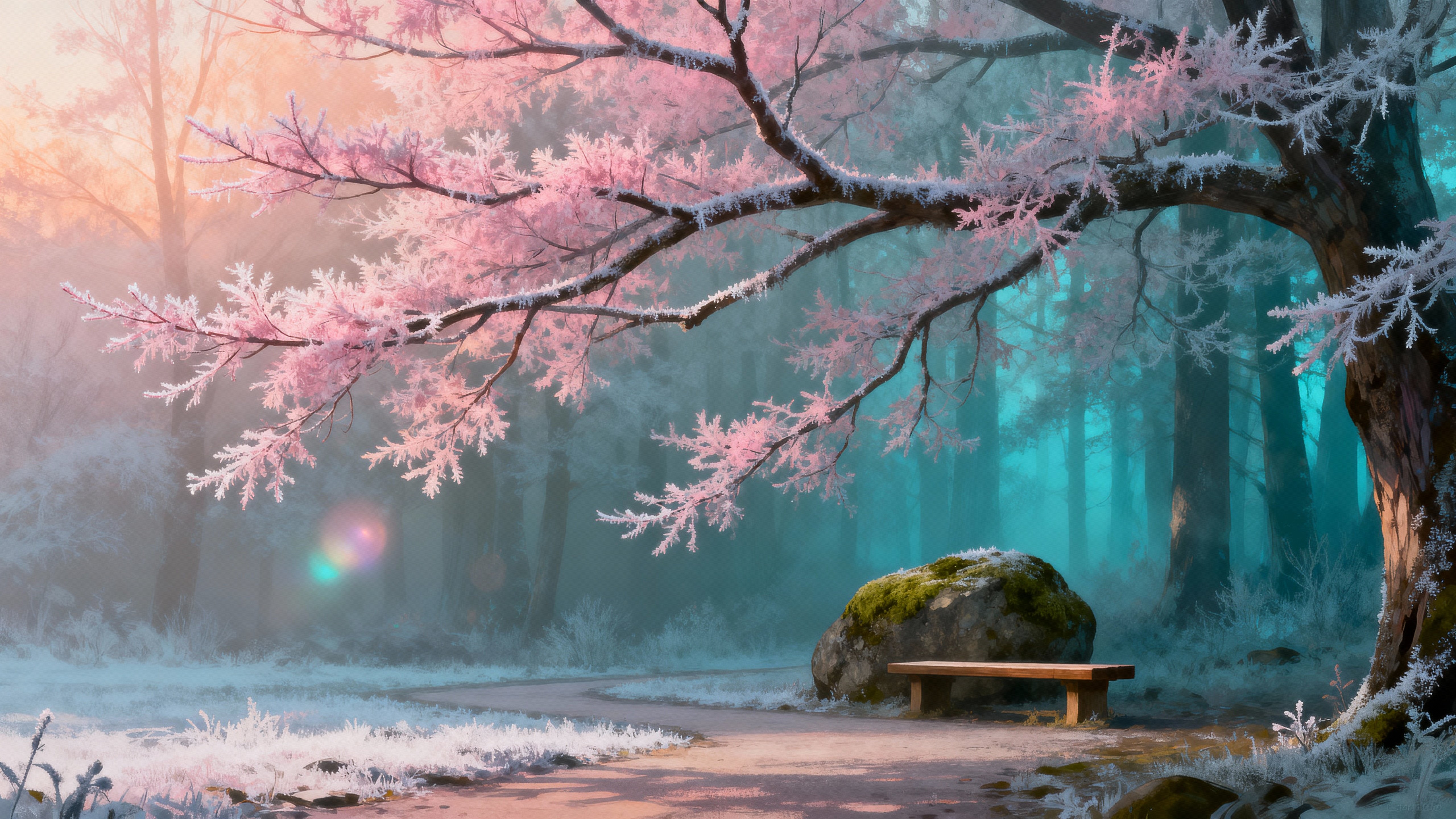 A pastel pink frosted forest dream scene with soft, hazy light and delicate frost on branches, evoking serene wonder and gentle surreal atmosphere.