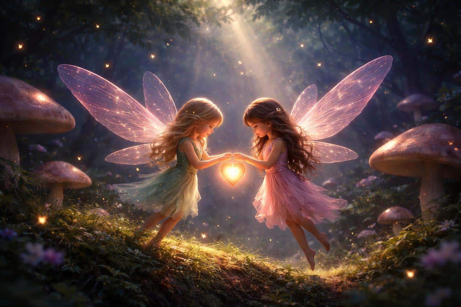 Two tiny glowing forest fairies hover in a mossy glade exchanging a heart-shaped lantern amid giant soft-focus mushrooms and moonlit fireflies.