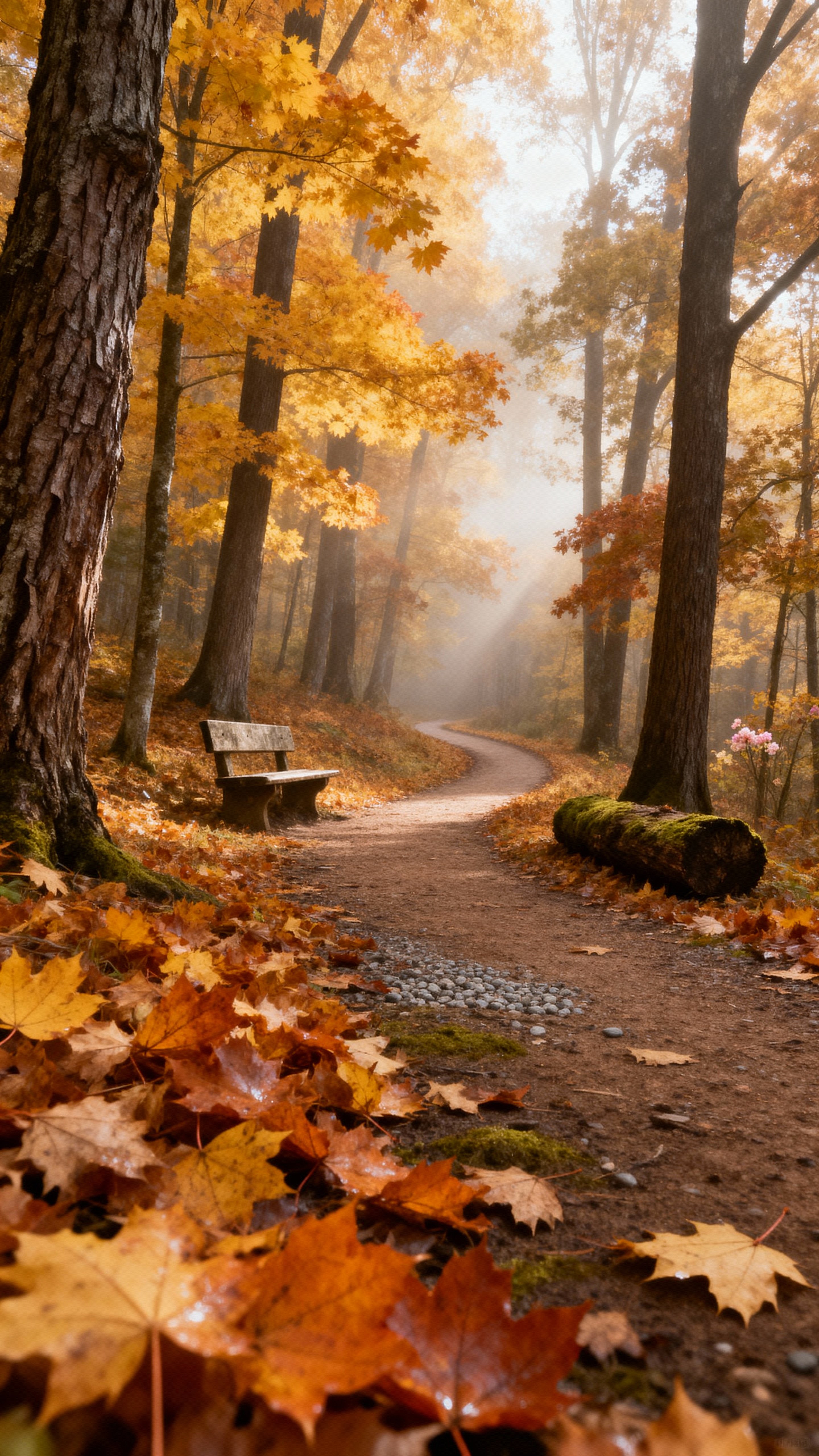 A serene forest path carpeted with golden and amber leaves under towering maple and oak canopies, with morning mist and warm golden-hour light.