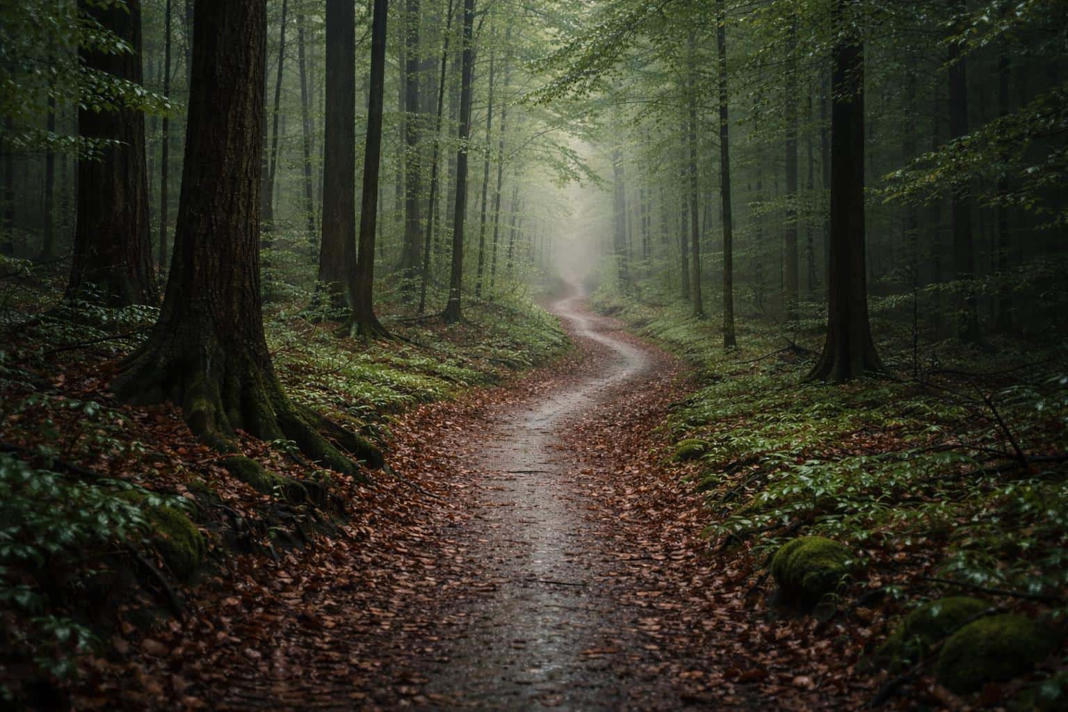A rain-slick forest path photographed with overcast light, wet leaves and glossy trunks, composed and cropped for a 3:2 wallpaper or poster layout.