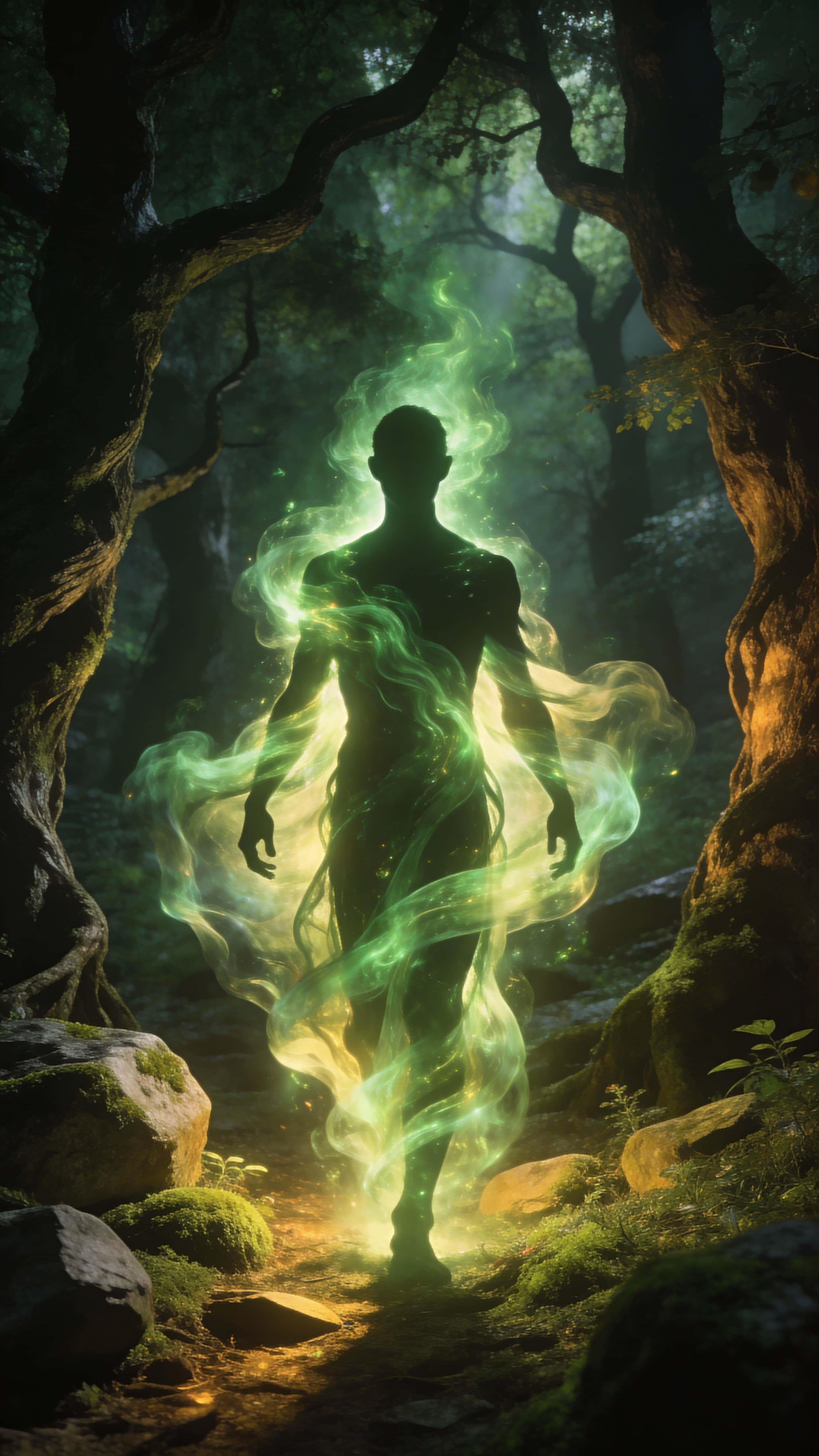 Full-body human silhouette of a mystical forest spirit framed vertically (9:16), luminous green soul-energy swirling like smoke fabric around the figure amid ancient mossy trees and soft cinematic glow.