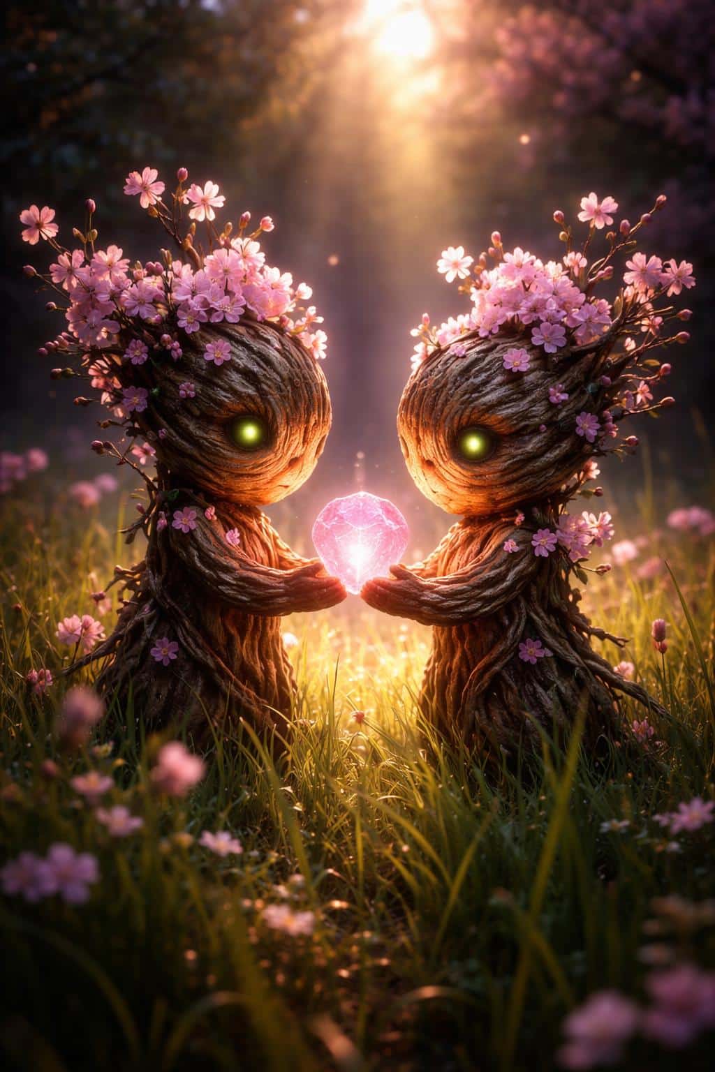 Two cute wooden spirits braided with cherry blossoms stand in tall vertical grass, holding a single glowing pink power-stone that lights a twilight meadow.