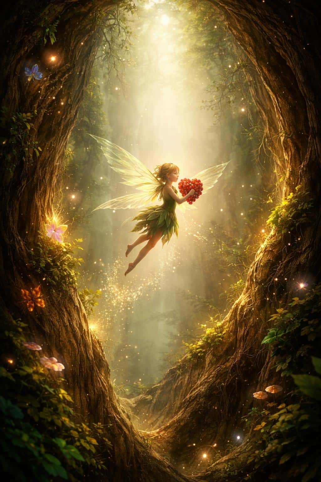 Cinematic 2:3 vertical painting of a small forest sprite with leaf-like wings rising through a glowing ancient tree hollow while clutching heart-shaped red berries.
