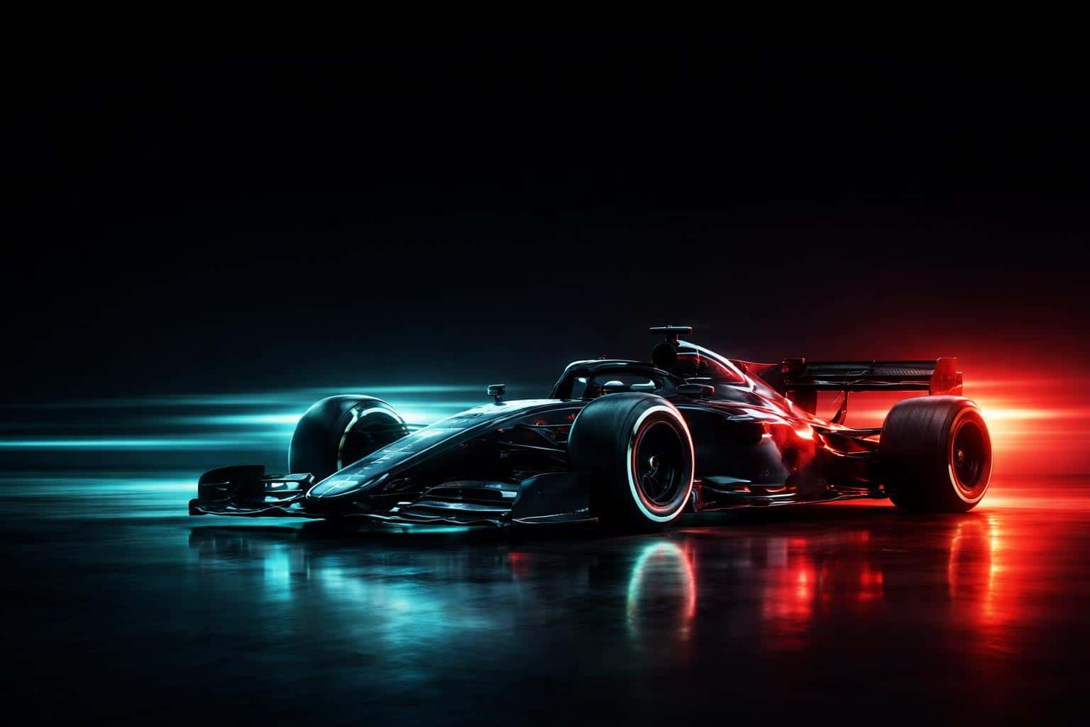 Single open-wheel racecar in a neon-lit 3D render, captured as a widescreen 3:2 composition for wallpaper or poster use with cinematic motion blur.