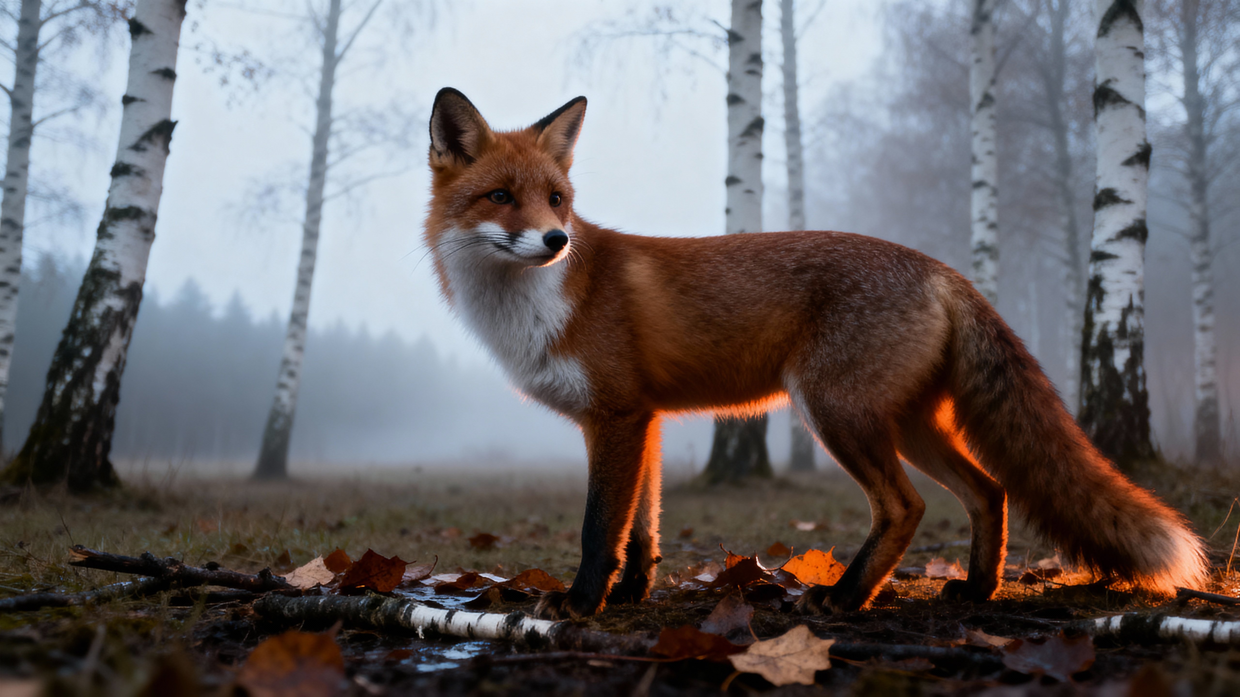 A sleek russet fox stands alert at the edge of a misty birch glade, rimmed by warm sunrise and drifting leaves while the background fades into atmospheric blur.