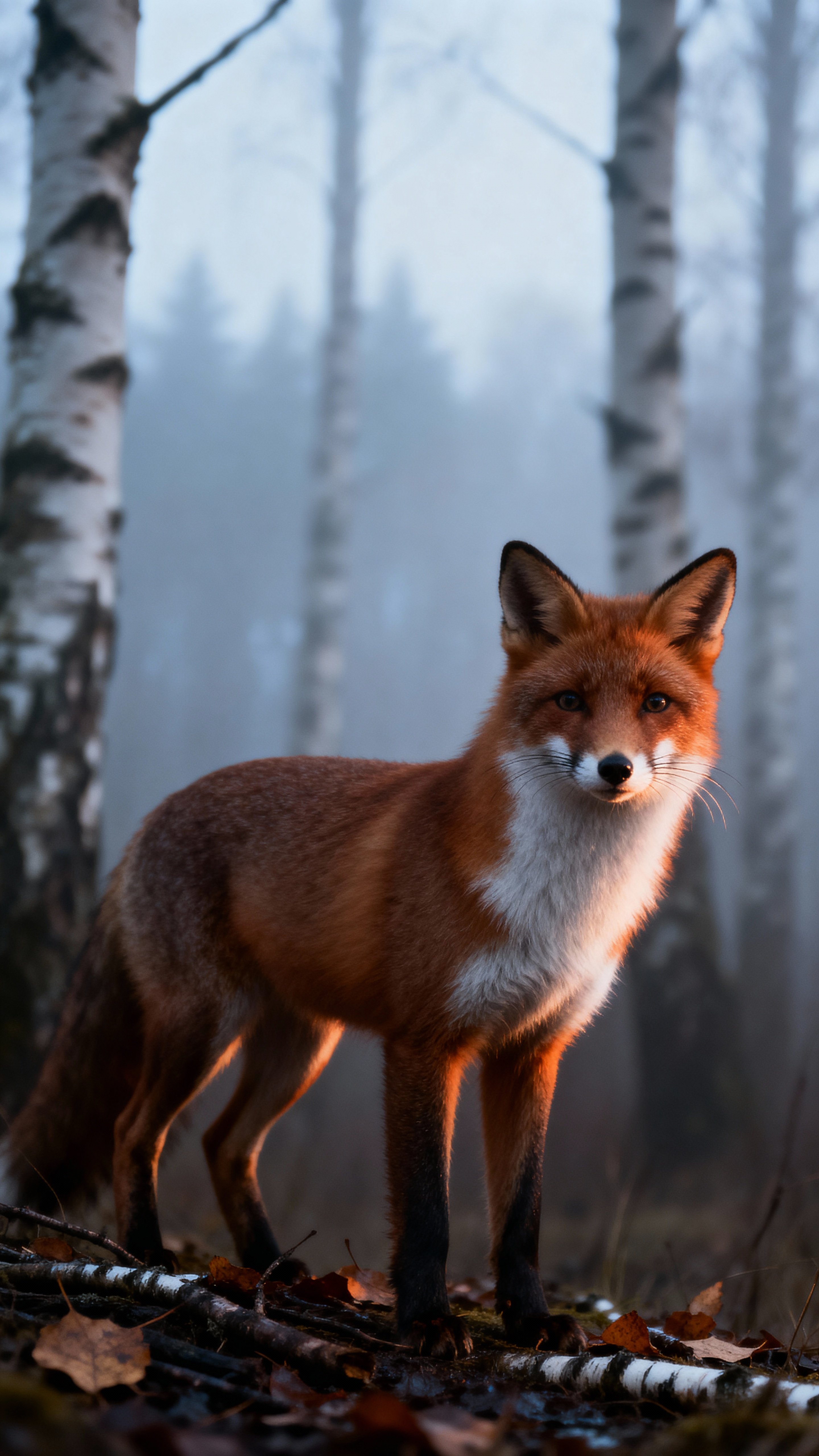 Low-eye 9:16 portrait of a russet fox in a shallow white-barked birch glade, crisp face and glossy fur lit by cool mist and a warm orange rim, soft birches and scattered leaves.