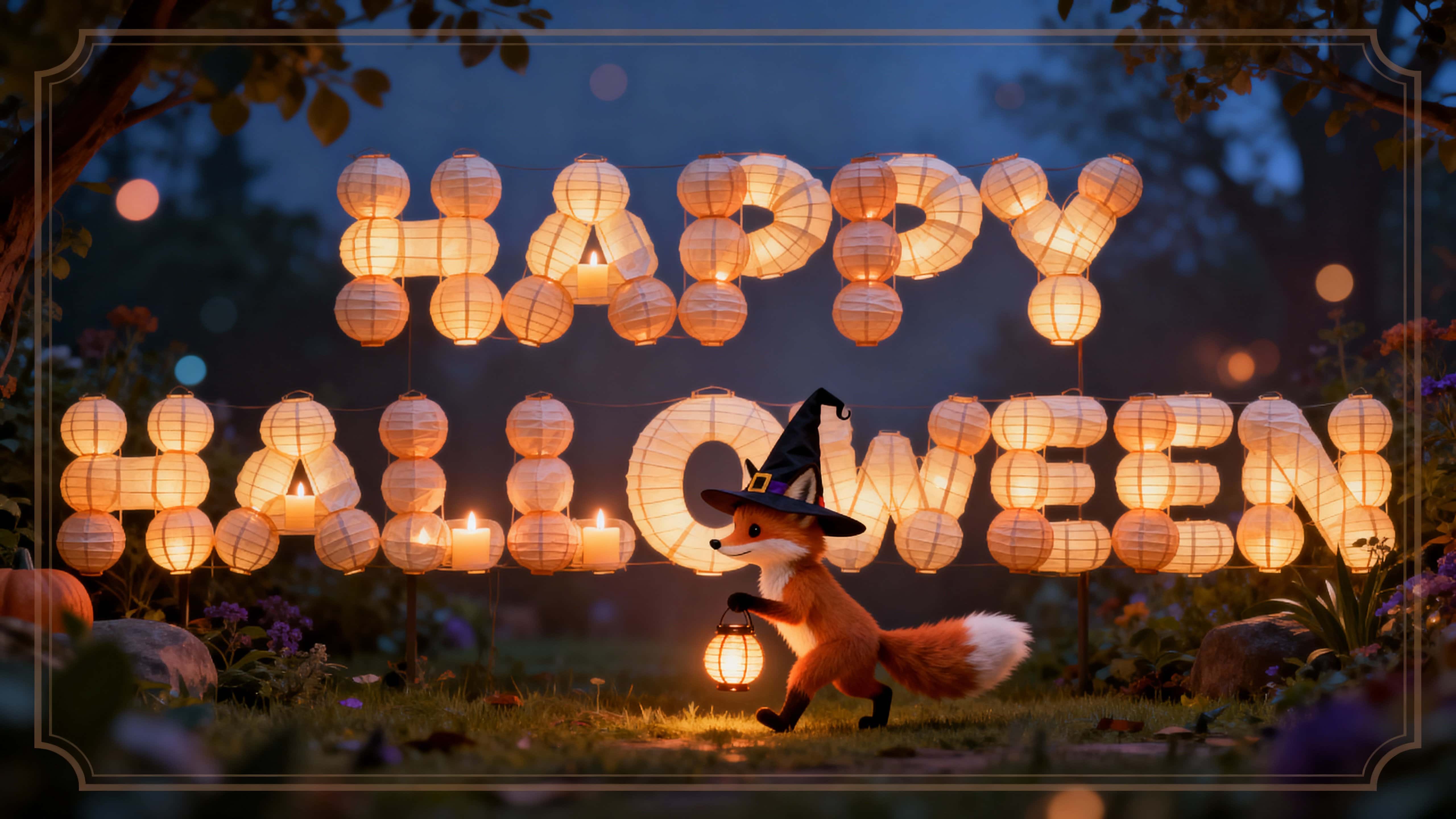 Photo-quality 3D render of HAPPY HALLOWEEN formed by round paper lantern letters with rice-paper cream ribs and amber-orange candle glow while a fox kit noses the O in a twilight-purple, deep-teal garden bokeh with moss-green foliage, all s