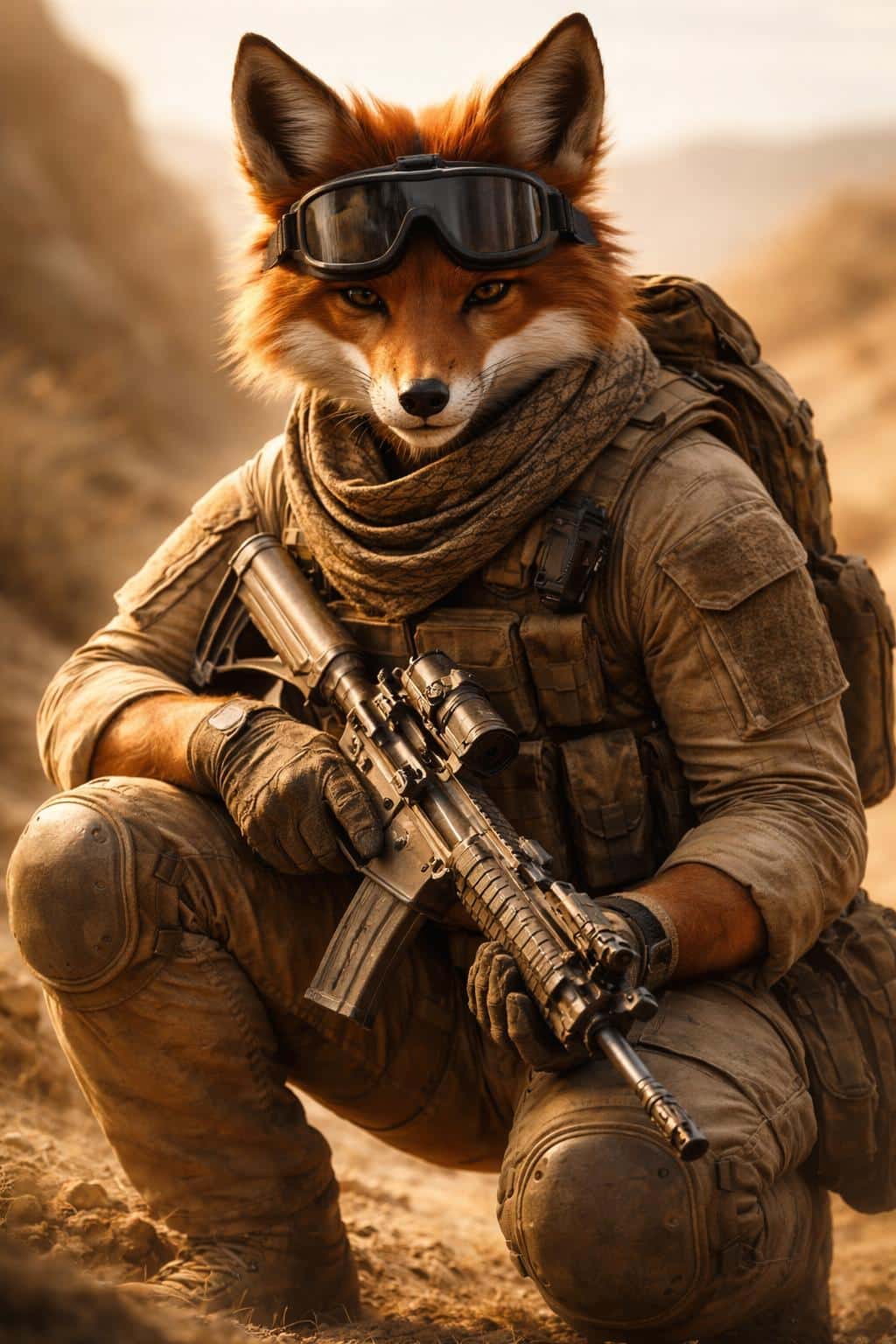 Photoreal 3D render of a crouched fox soldier in full desert tactical gear, tight 2:3 portrait framing for poster-cover use with dramatic warm lighting.